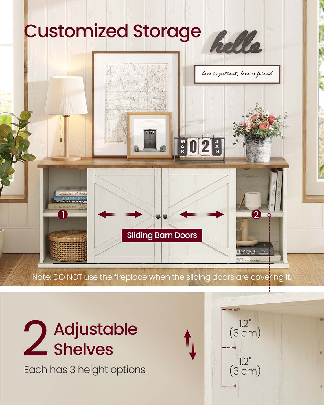 VASAGLE Farmhouse TV Stand with Storage Cabinets and Sliding Barn Doors – Rustic White, Honey Brown – 58"L x 16"W x 24"H