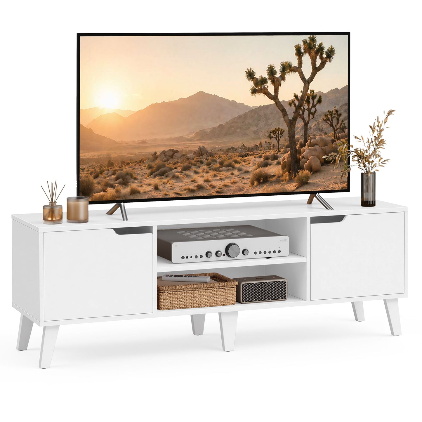 VASAGLE Mid Century TV Stand with Adjustable Shelf for 65 Inch TV – White