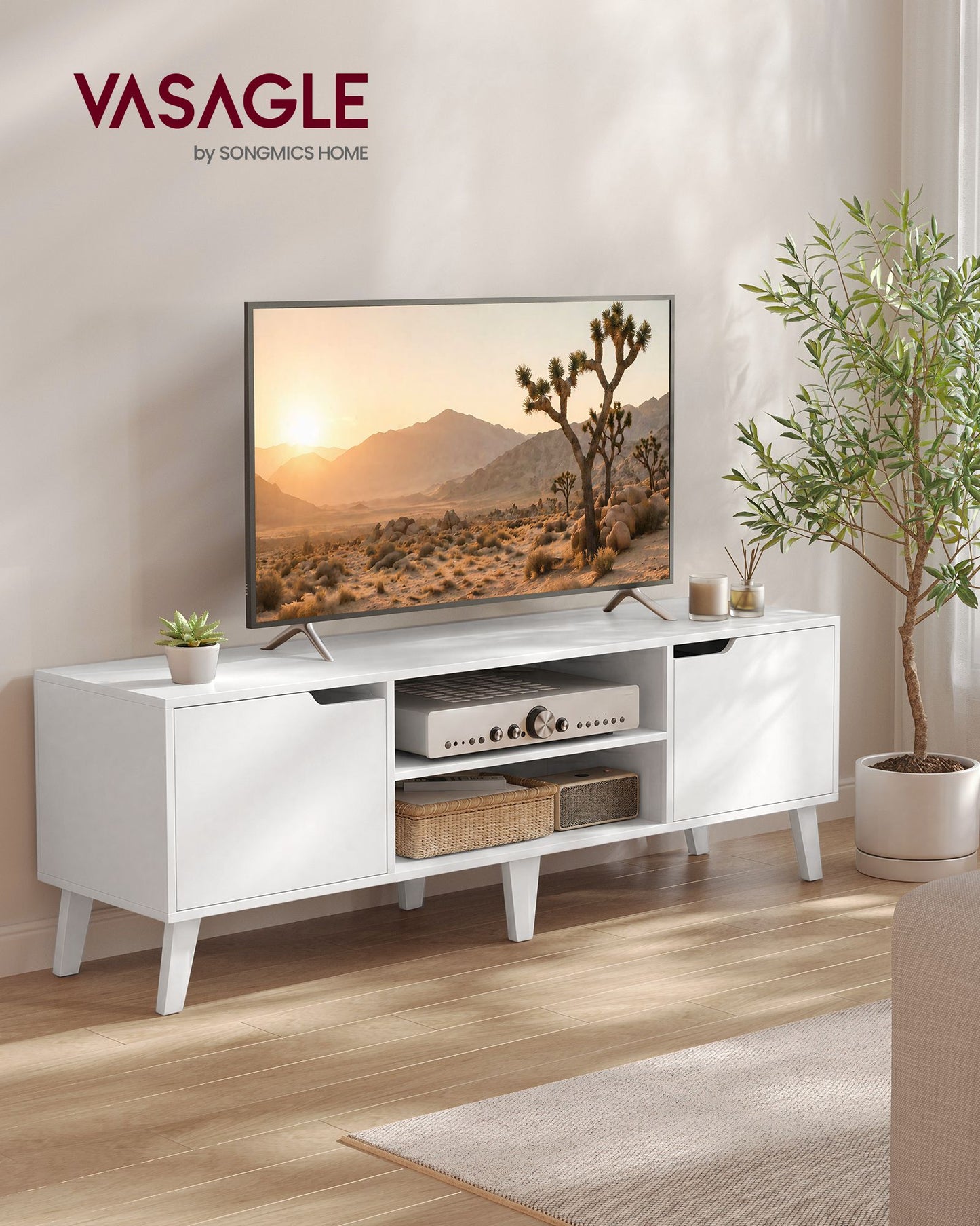 VASAGLE Mid Century TV Stand with Adjustable Shelf for 65 Inch TV – White