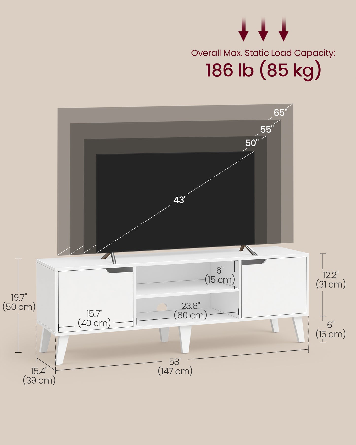 VASAGLE Mid Century TV Stand with Adjustable Shelf for 65 Inch TV – White