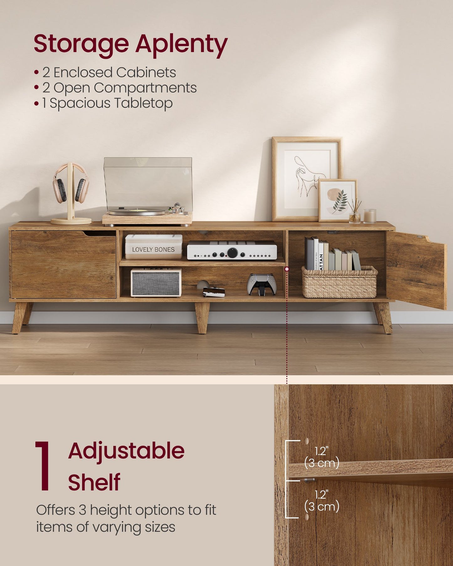 VASAGLE TV Stand for 80" TV – Honey Brown