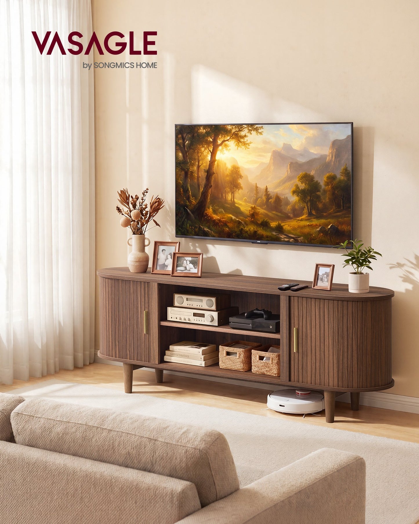 VASAGLE TV Stand for 65-Inch Tvs – Chestnut Walnut
