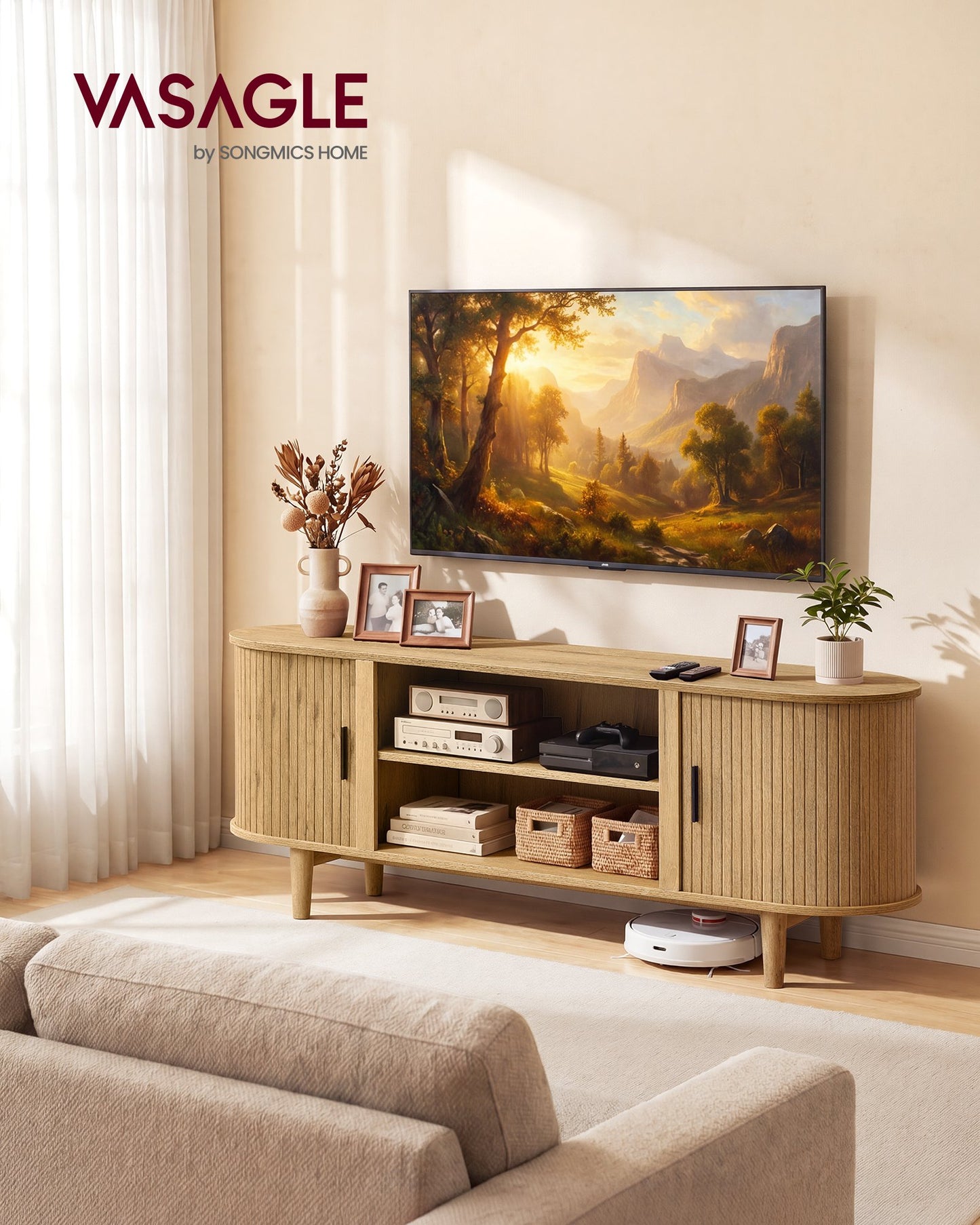 VASAGLE TV Stand for 65-Inch Tvs – Sand Brown