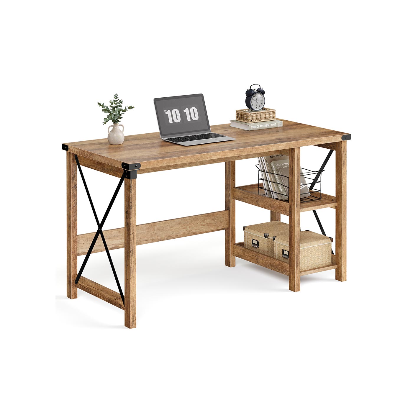 VASAGLE Computer Desk Home Office Desk with Storage Shelves On Right or Left Honey Brown