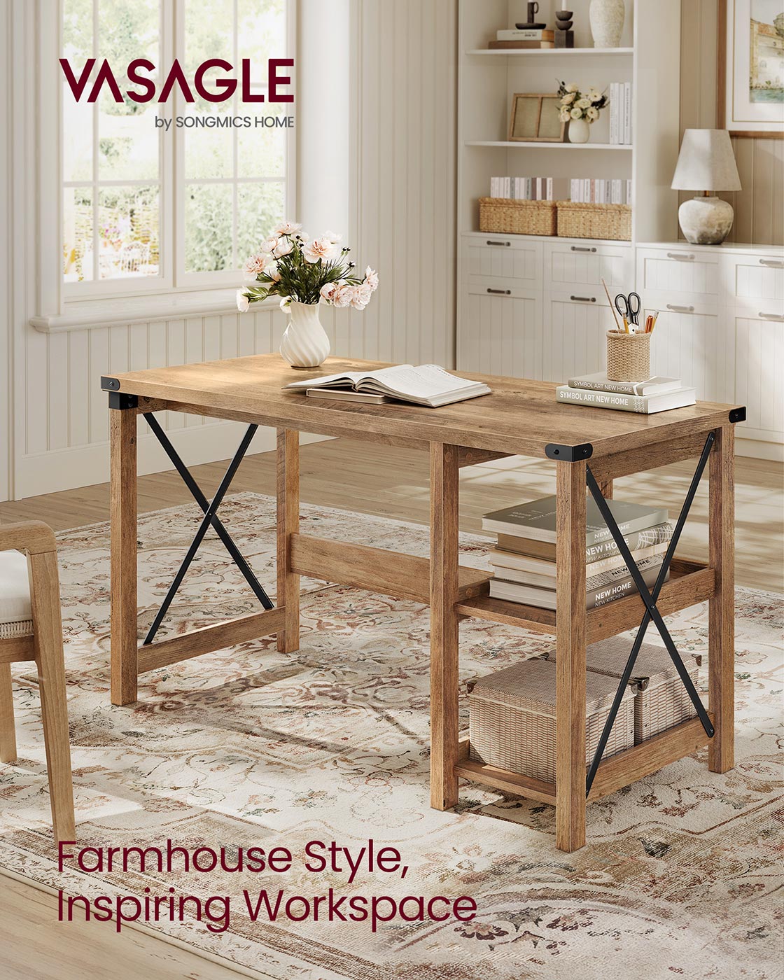 VASAGLE Computer Desk Home Office Desk with Storage Shelves On Right or Left Honey Brown