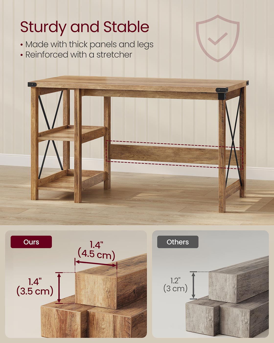 VASAGLE Computer Desk Home Office Desk with Storage Shelves On Right or Left Honey Brown