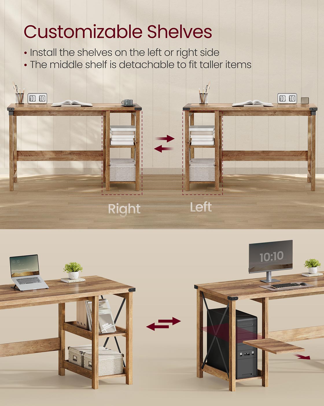 VASAGLE Computer Desk Home Office Desk with Storage Shelves On Right or Left Honey Brown