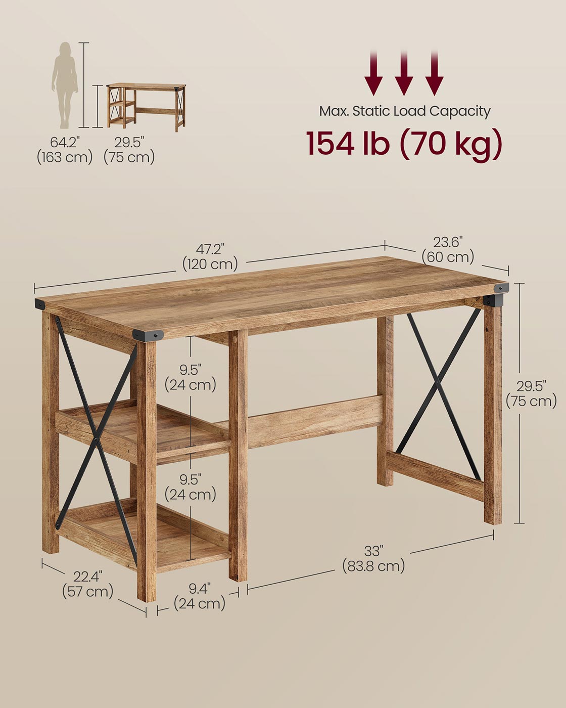VASAGLE Computer Desk Home Office Desk with Storage Shelves On Right or Left Honey Brown
