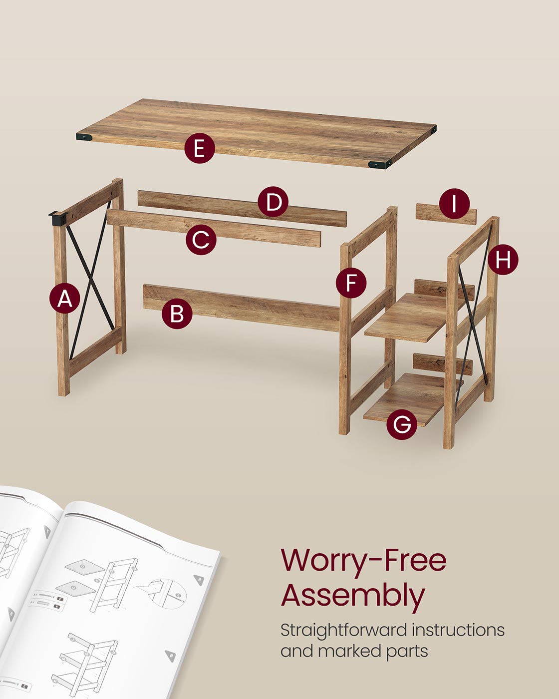 VASAGLE Computer Desk Home Office Desk with Storage Shelves On Right or Left Honey Brown