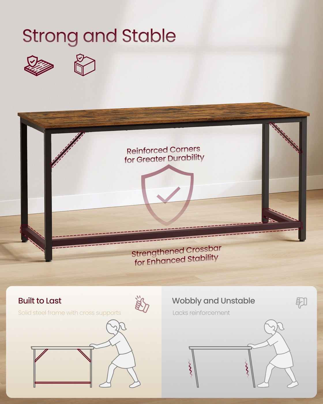 VASAGLE Particleboard Gaming Table with Steel Frame – Rustic Brown, Matte Black