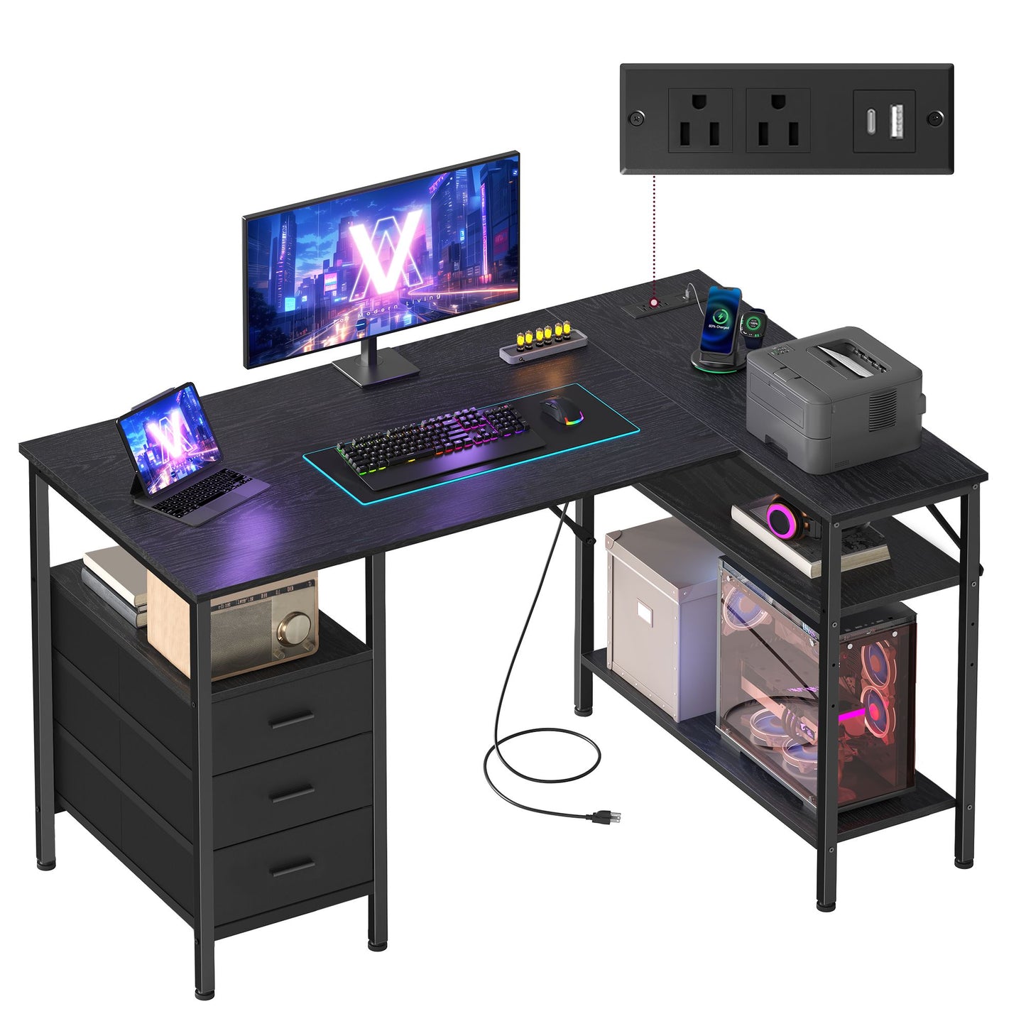 VASAGLE L Shaped Computer Desk with Drawers – Ebony Black and Matte Black – 47.2 x 31.5 x 29.9 inch