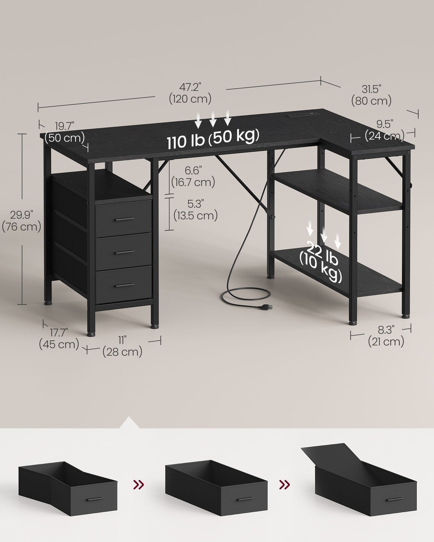 VASAGLE L Shaped Computer Desk with Drawers – Ebony Black and Matte Black – 47.2 x 31.5 x 29.9 inch