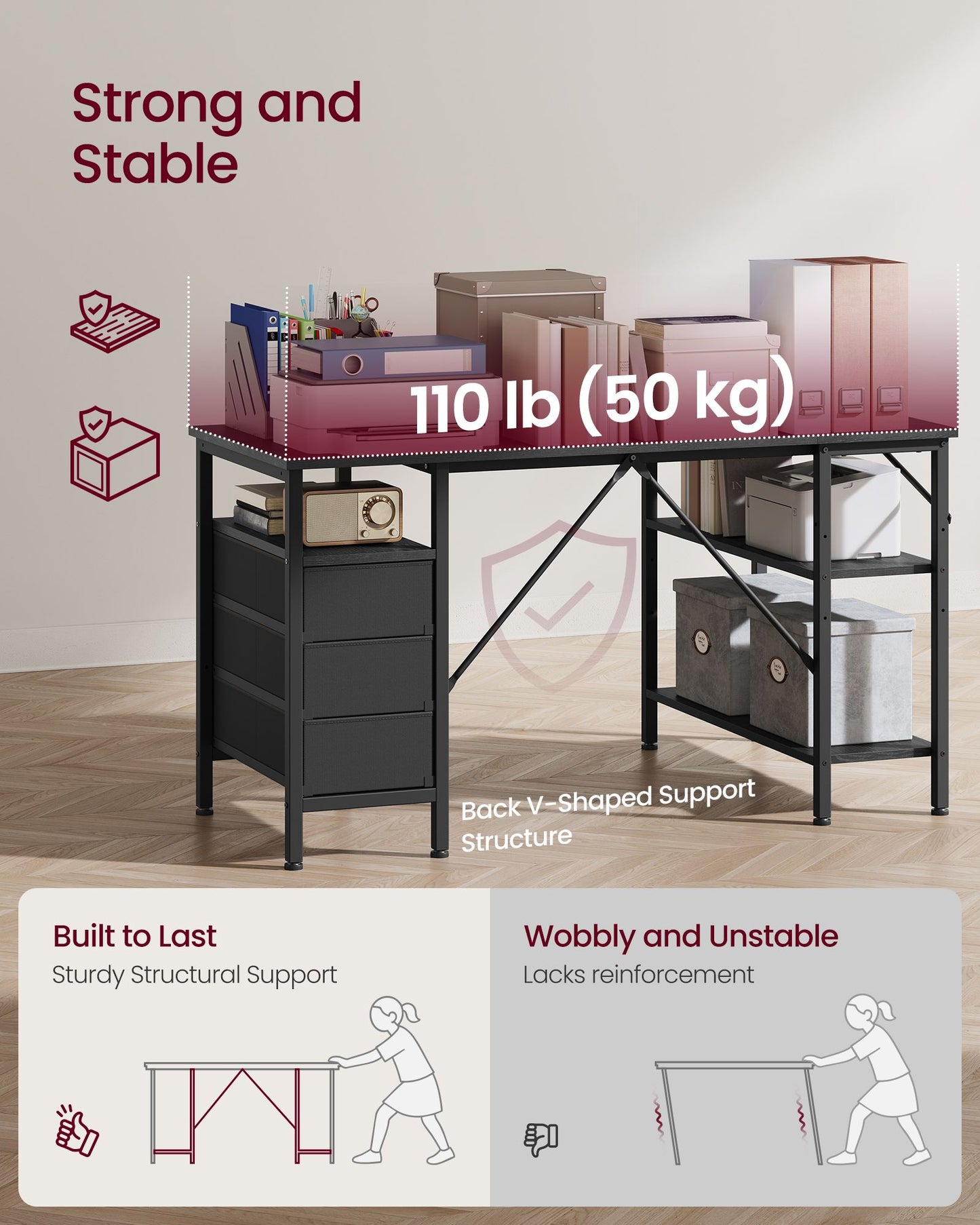 VASAGLE L Shaped Computer Desk with Drawers – Ebony Black and Matte Black – 47.2 x 31.5 x 29.9 inch