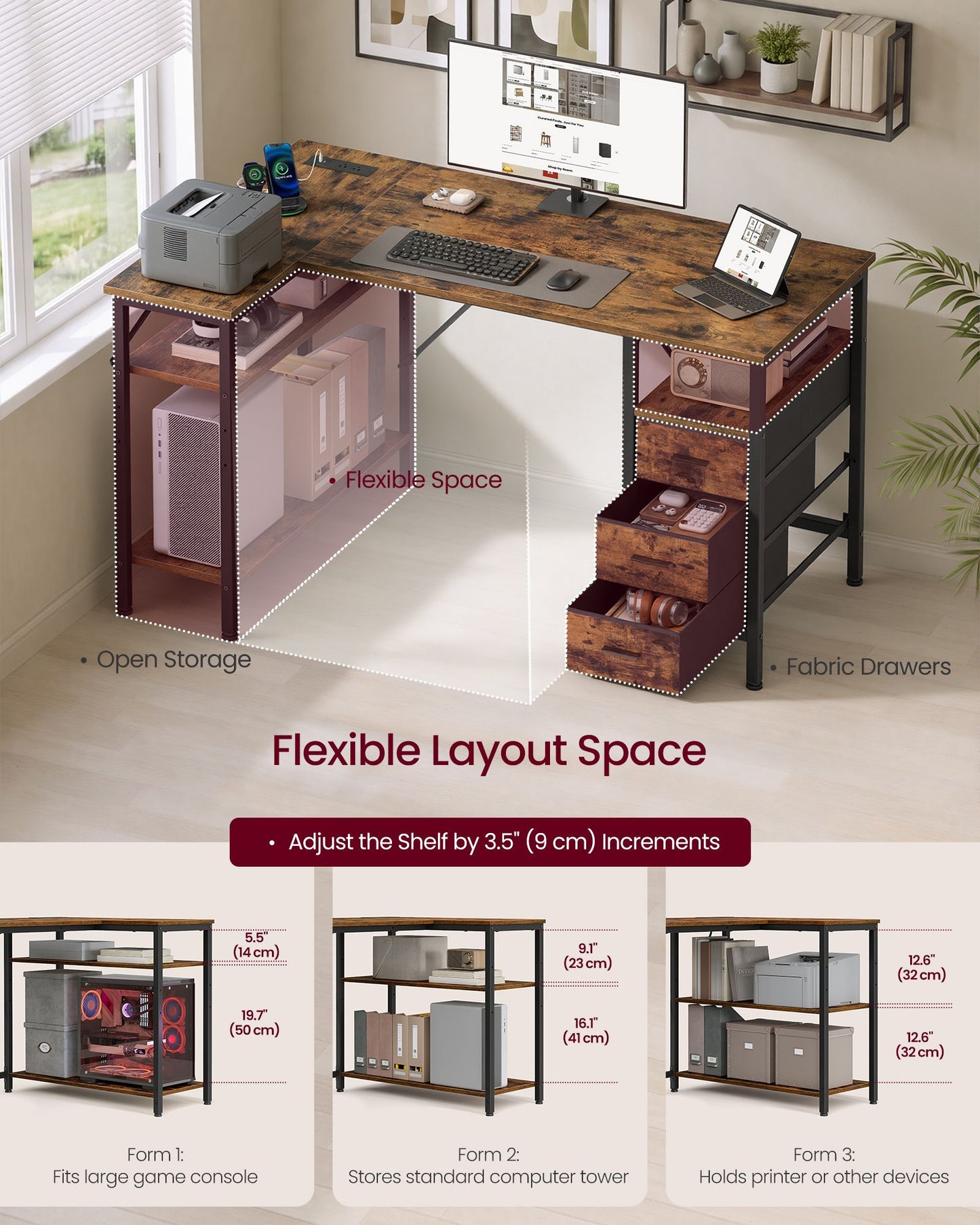 VASAGLE L Shaped Computer Desk with Drawers – Rustic Brown and Matte Black – 47.2 x 31.5 x 29.9 inch