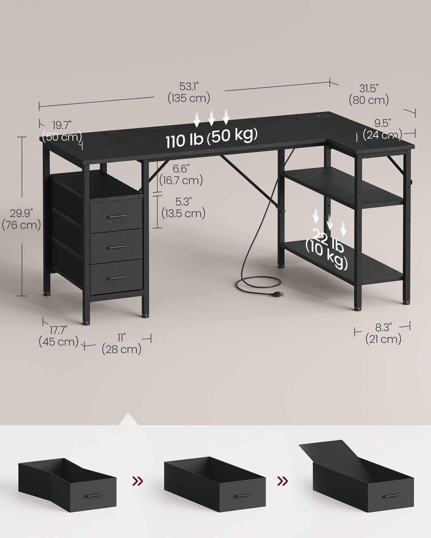 VASAGLE L Shaped Computer Desk with Drawers – Ebony Black and Matte Black – 53.1 x 31.5 x 29.9 inch