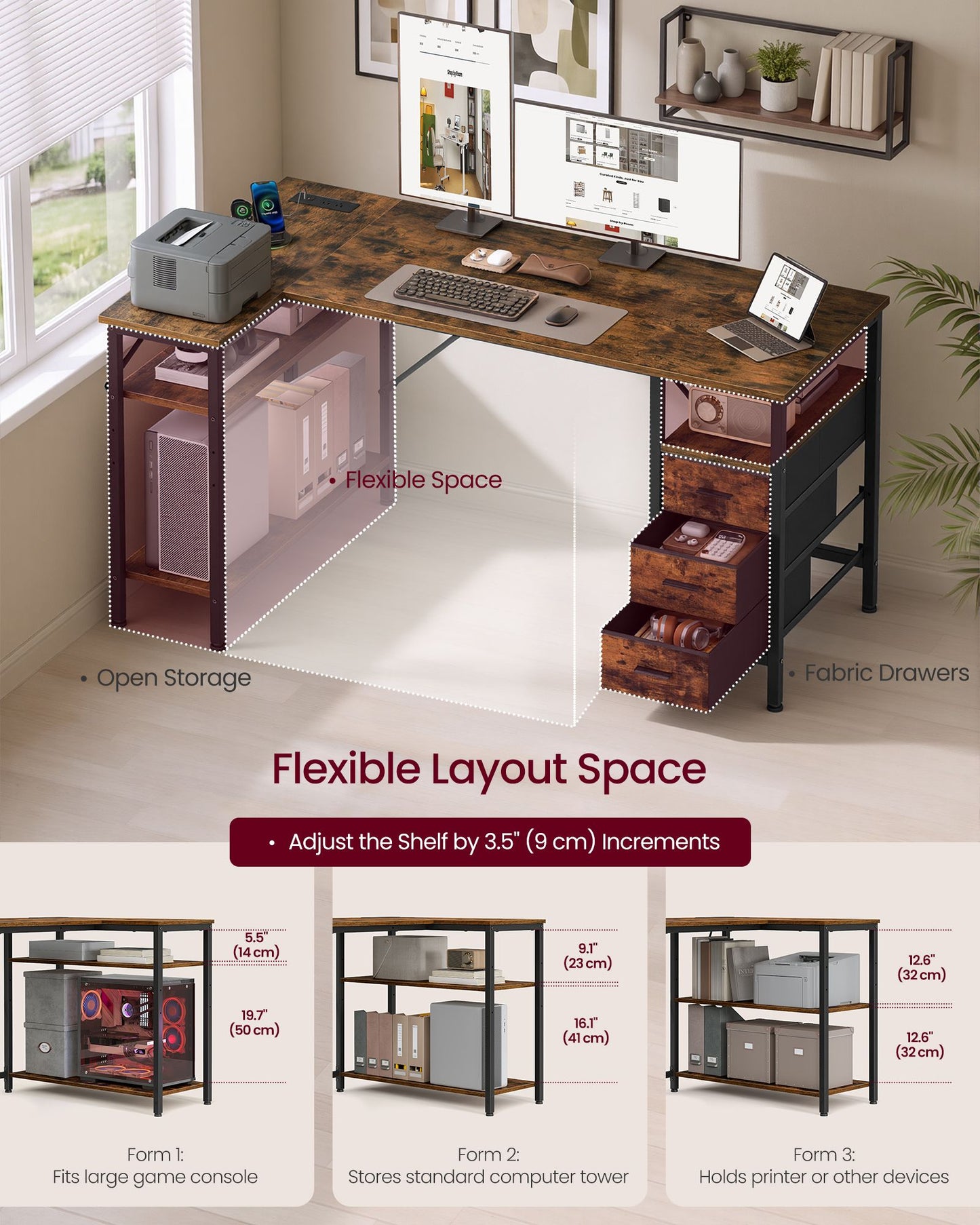 VASAGLE L Shaped Computer Desk with Drawers – Rustic Brown and Matte Black – 53.1 x 31.5 x 29.9 inch