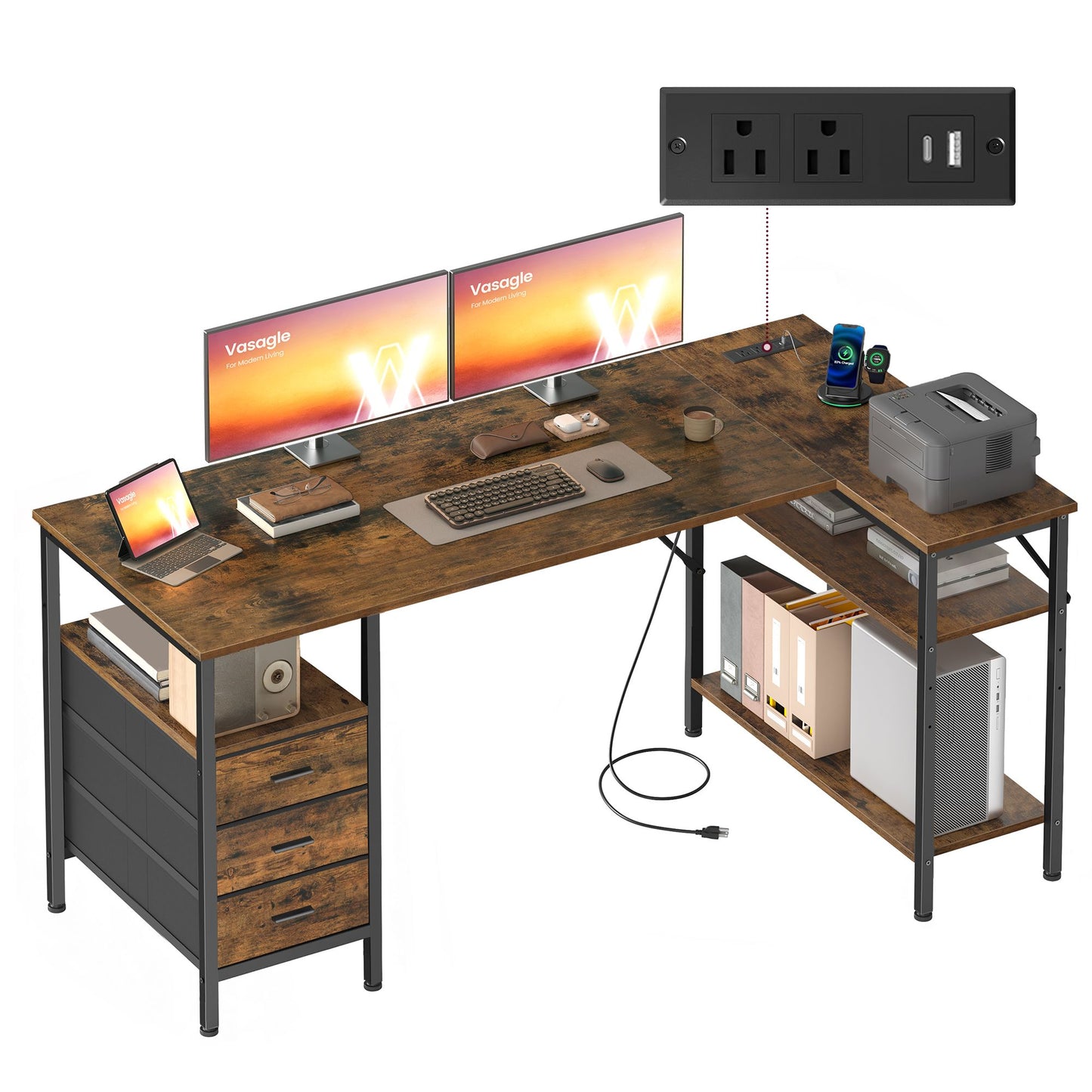 VASAGLE L Shaped Computer Desk with Drawers – Rustic Brown and Matte Black – 63 x 31.5 x 29.9 inch