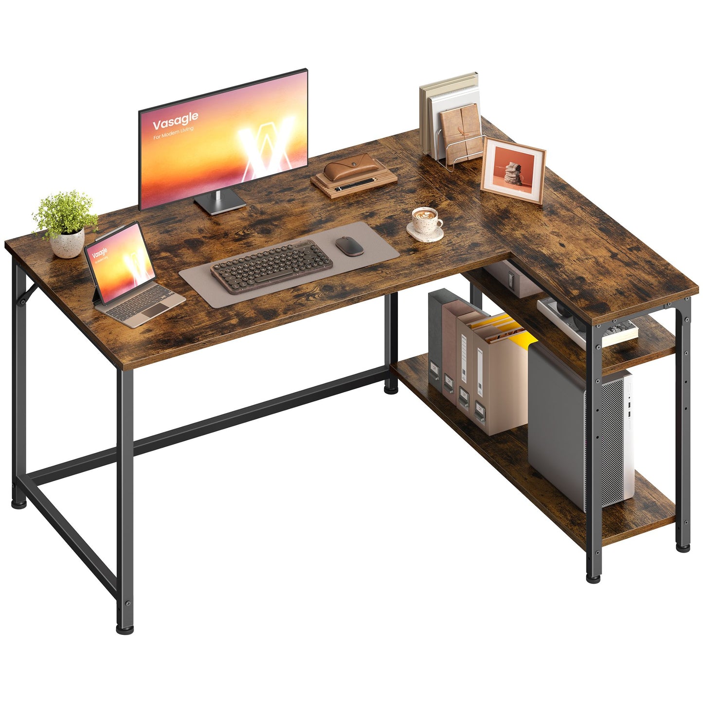 VASAGLE L-Shaped Computer Desk with Reversible Shelves Gaming Set Up, 47.2 X 31.5 X 29.9 in – Rustic Brown and Matte Black