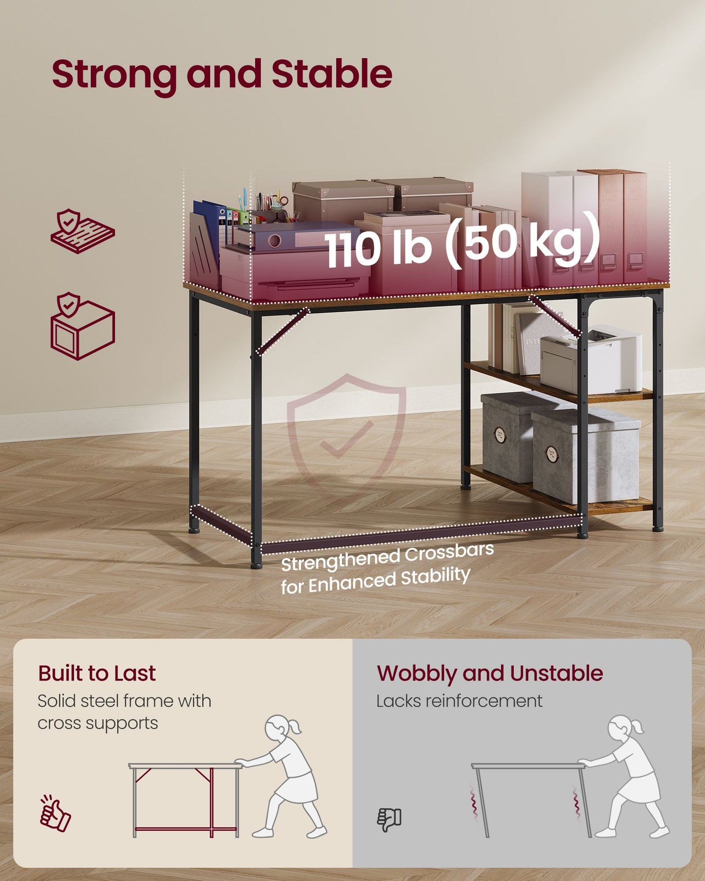 VASAGLE L-Shaped Computer Desk with Reversible Shelves Gaming Set Up, 47.2 X 31.5 X 29.9 in – Rustic Brown and Matte Black