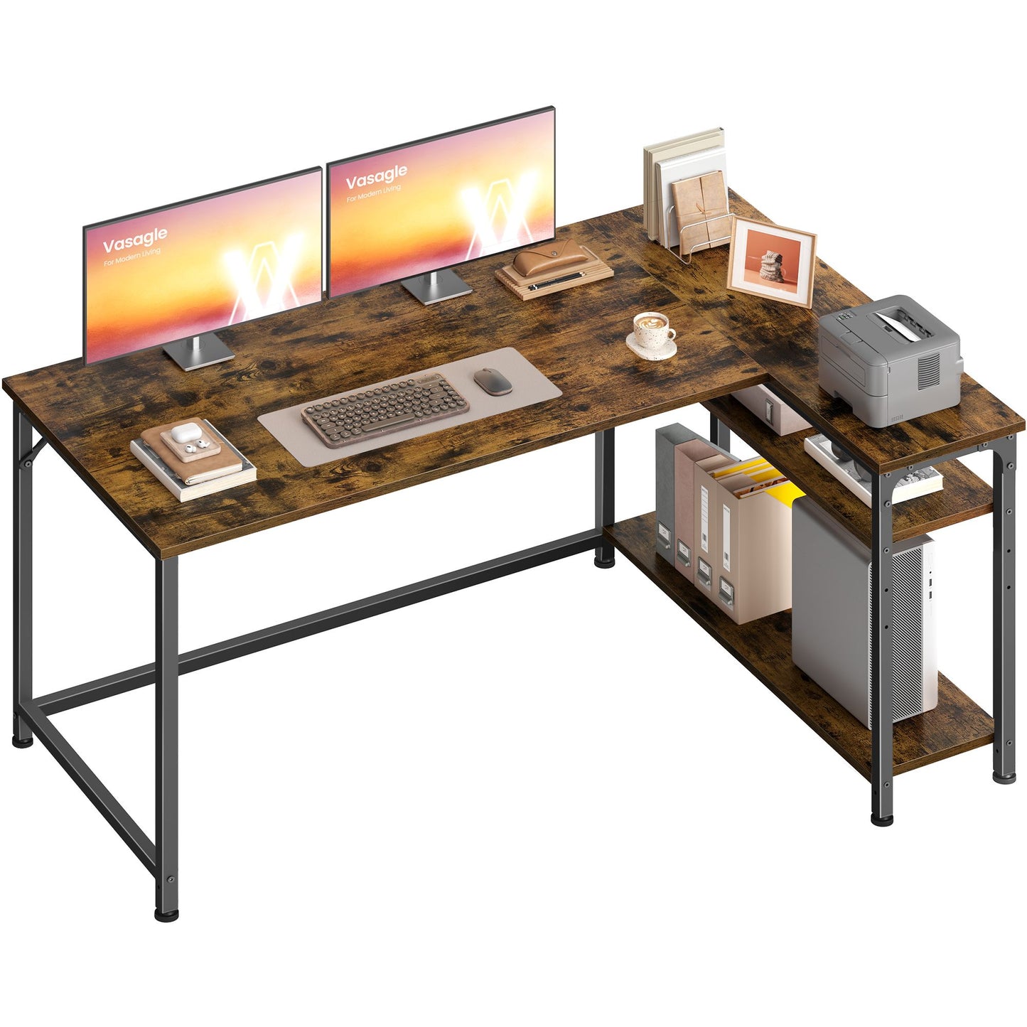VASAGLE L-Shaped Computer Desk with Reversible Shelves Gaming Set Up, 53.1 X 31.5 X 29.9 in – Rustic Brown and Matte Black