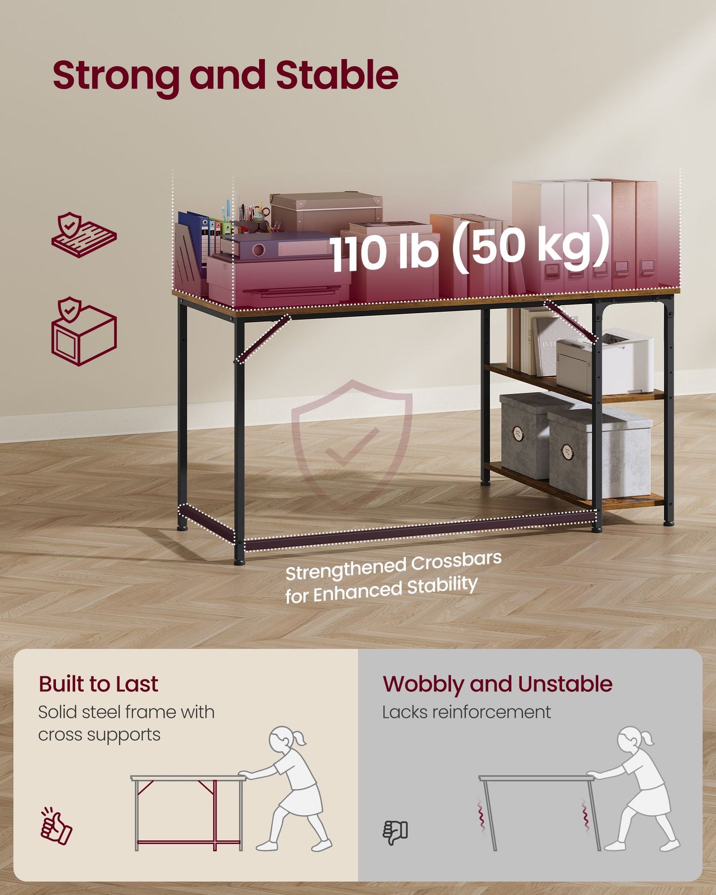 VASAGLE L-Shaped Computer Desk with Reversible Shelves Gaming Set Up, 53.1 X 31.5 X 29.9 in – Rustic Brown and Matte Black