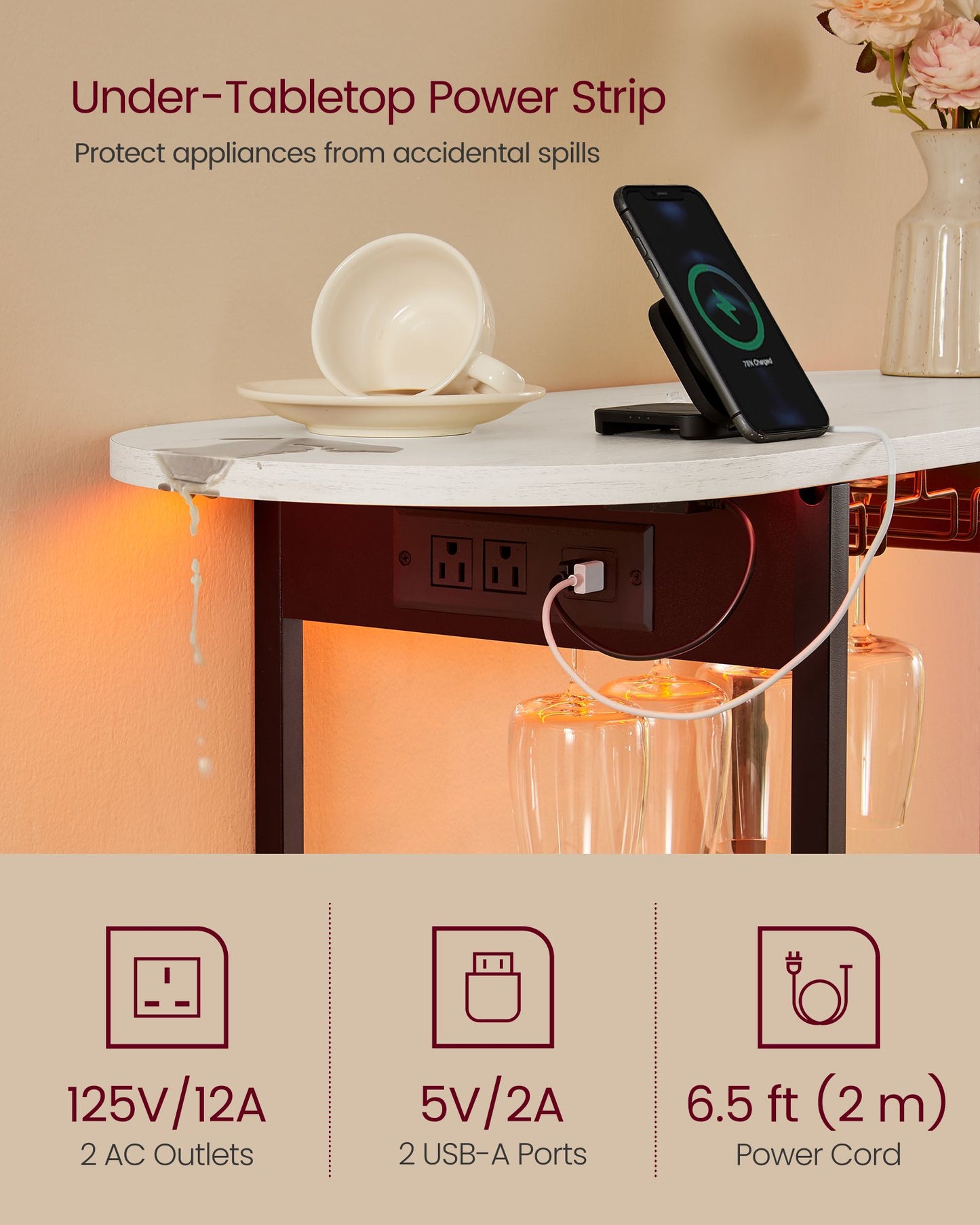 VASAGLE Bar Cabinet with LED Lights and Power Outlets, Freestanding Coffee Bar Wine Cabinet | ULWR007K01S
