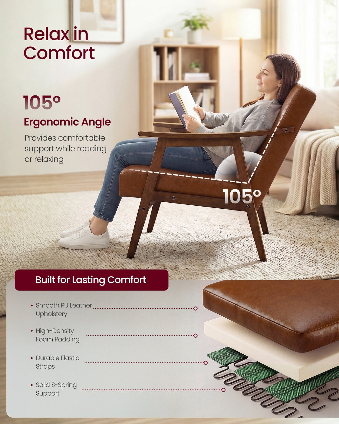 VASAGLE PU Leather Accent Chair for Living Room Bedroom or Office – Brown