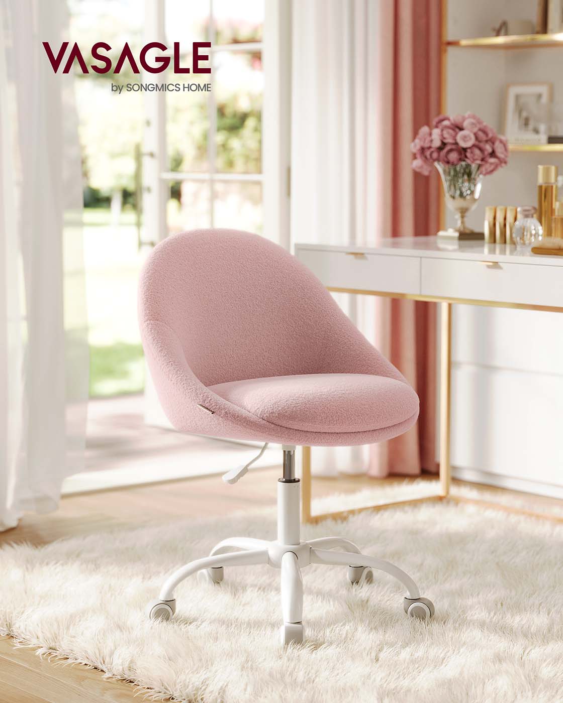 VASAGLE Swivel Vanity Chair with Back and Wheels in Teddy Fleece – Jelly Pink