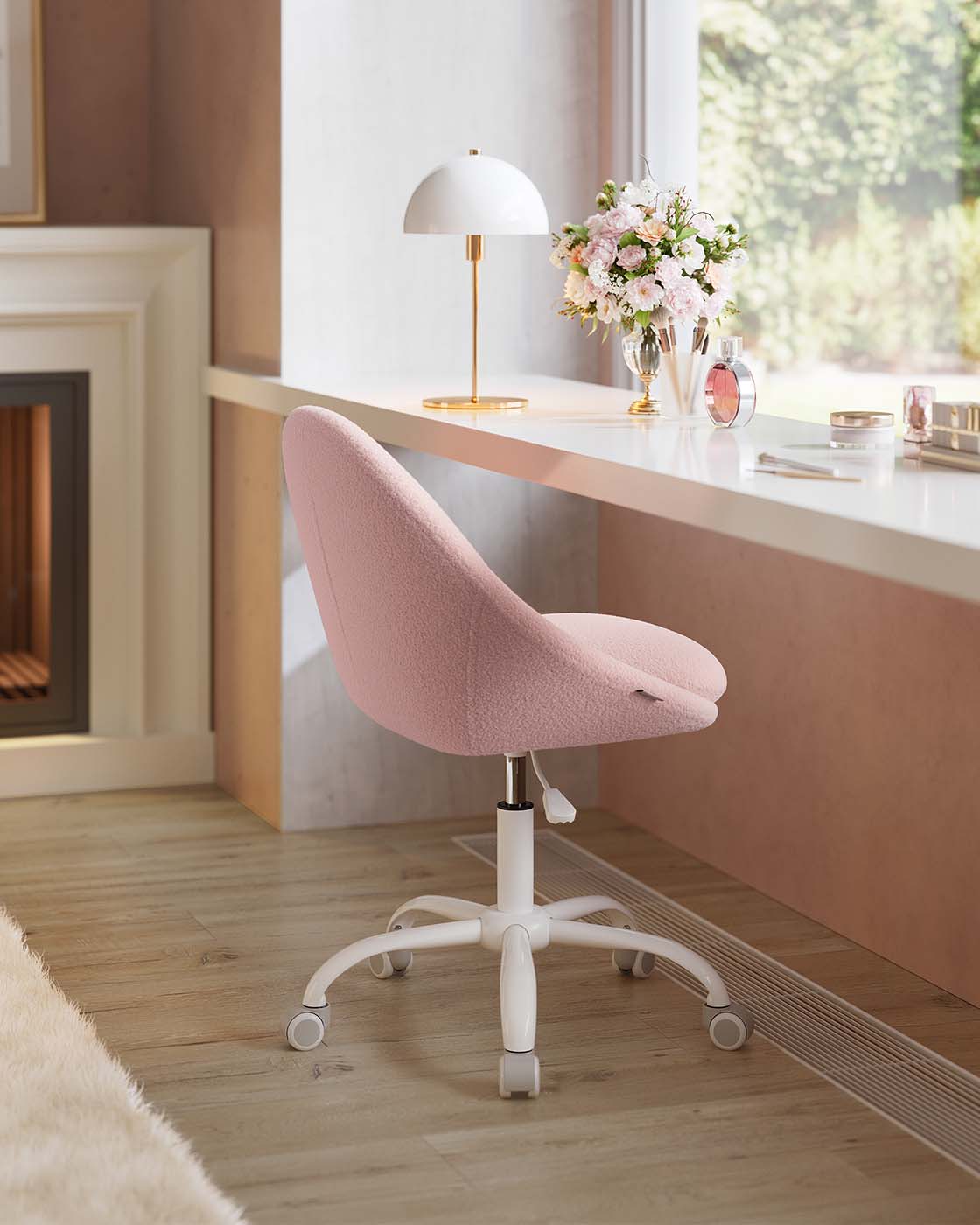 VASAGLE Swivel Vanity Chair with Back and Wheels in Teddy Fleece – Jelly Pink