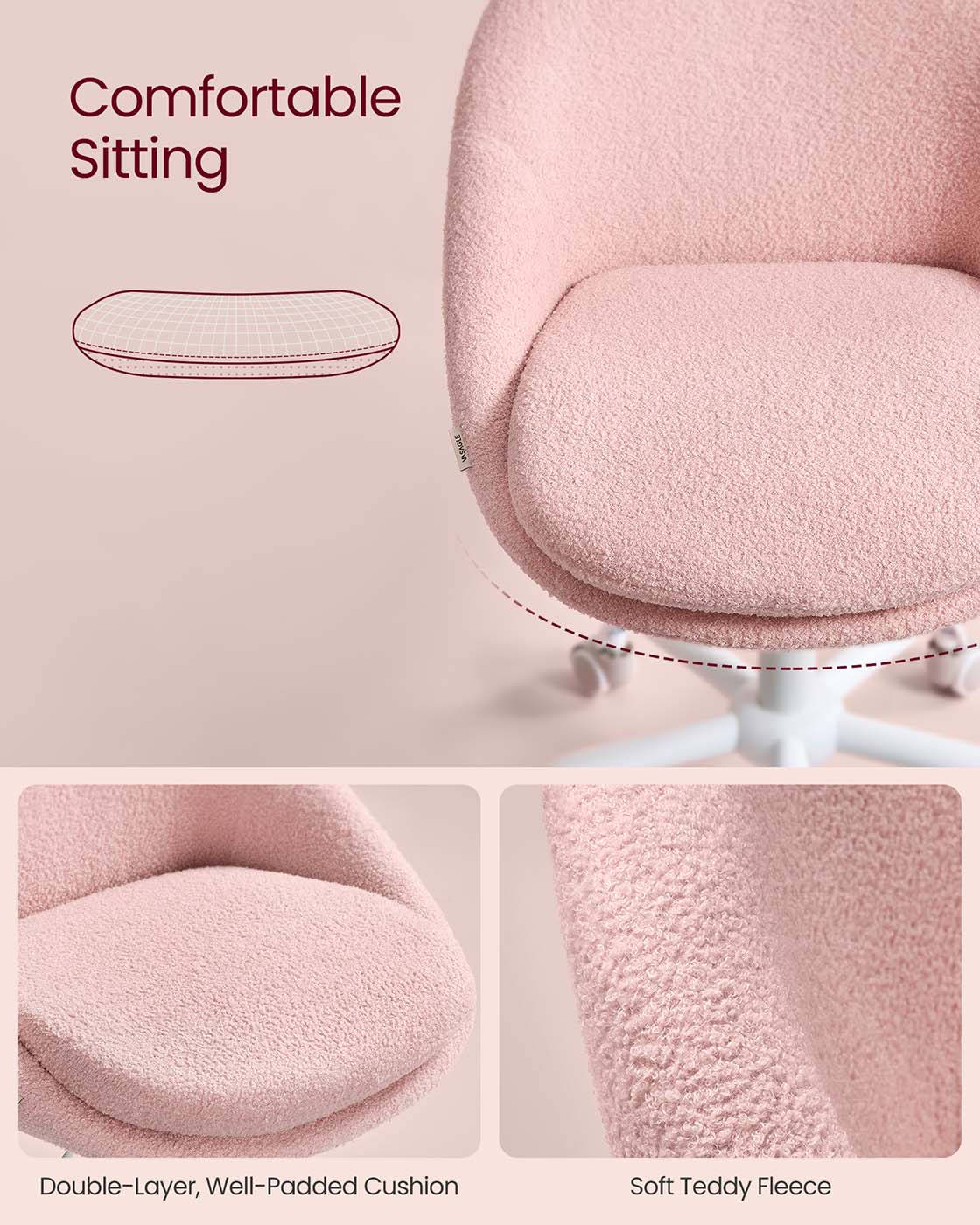 VASAGLE Swivel Vanity Chair with Back and Wheels in Teddy Fleece – Jelly Pink