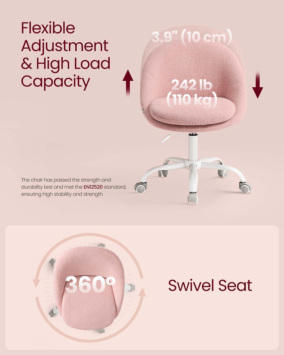 VASAGLE Swivel Vanity Chair with Back and Wheels in Teddy Fleece – Jelly Pink