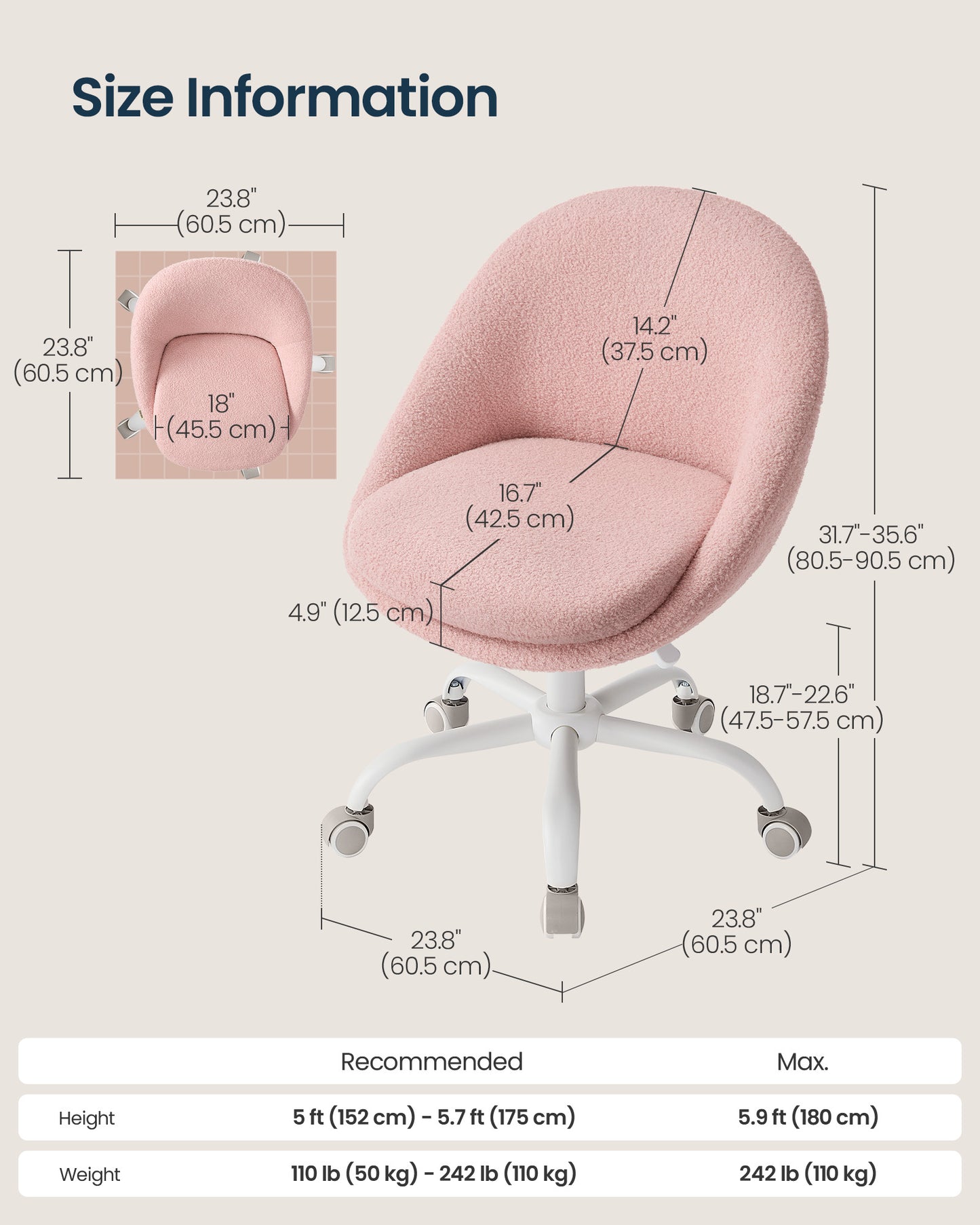 SONGMICS HOME Armless Vanity Chair, Adjustable Swivel – Jelly Pink