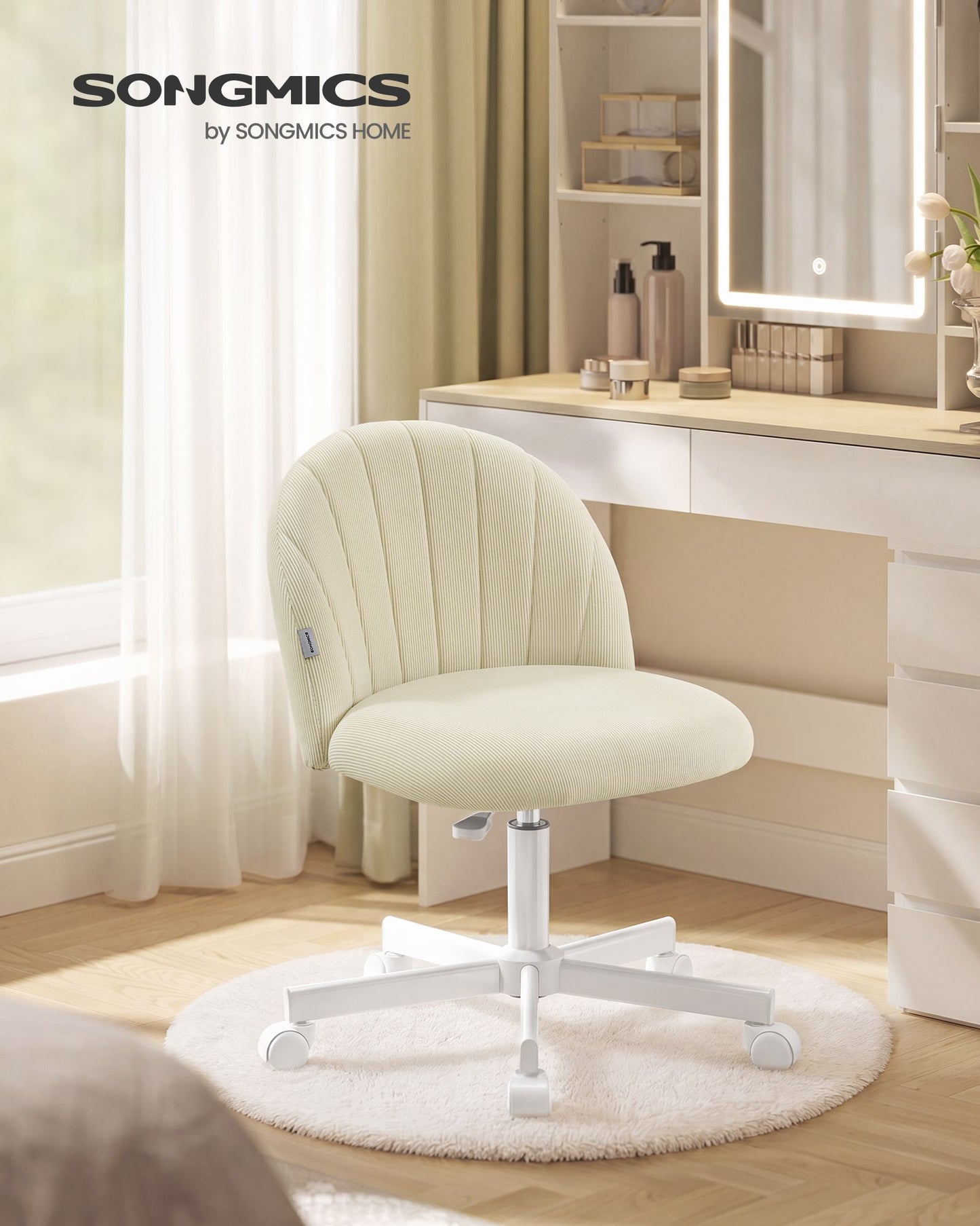 SONGMICS Corduroy Swivel Office Chair – Cream White