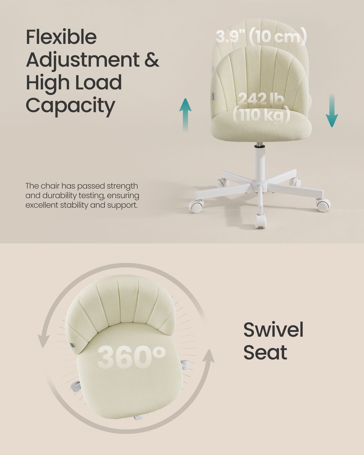 SONGMICS Corduroy Swivel Office Chair – Cream White