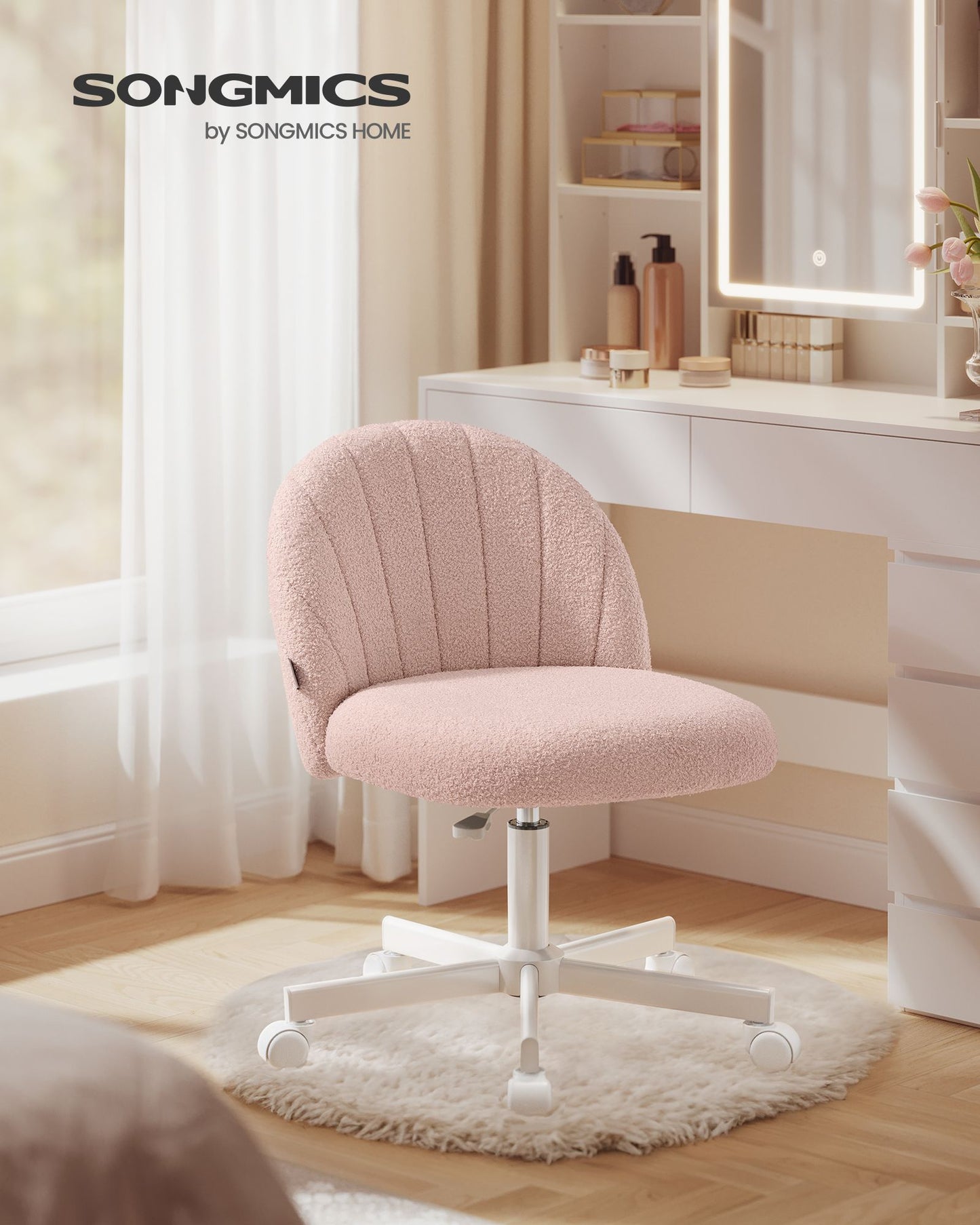 SONGMICS Fruit Pink Height Adjustable Swivel Vanity Chair with Teddy Fleece