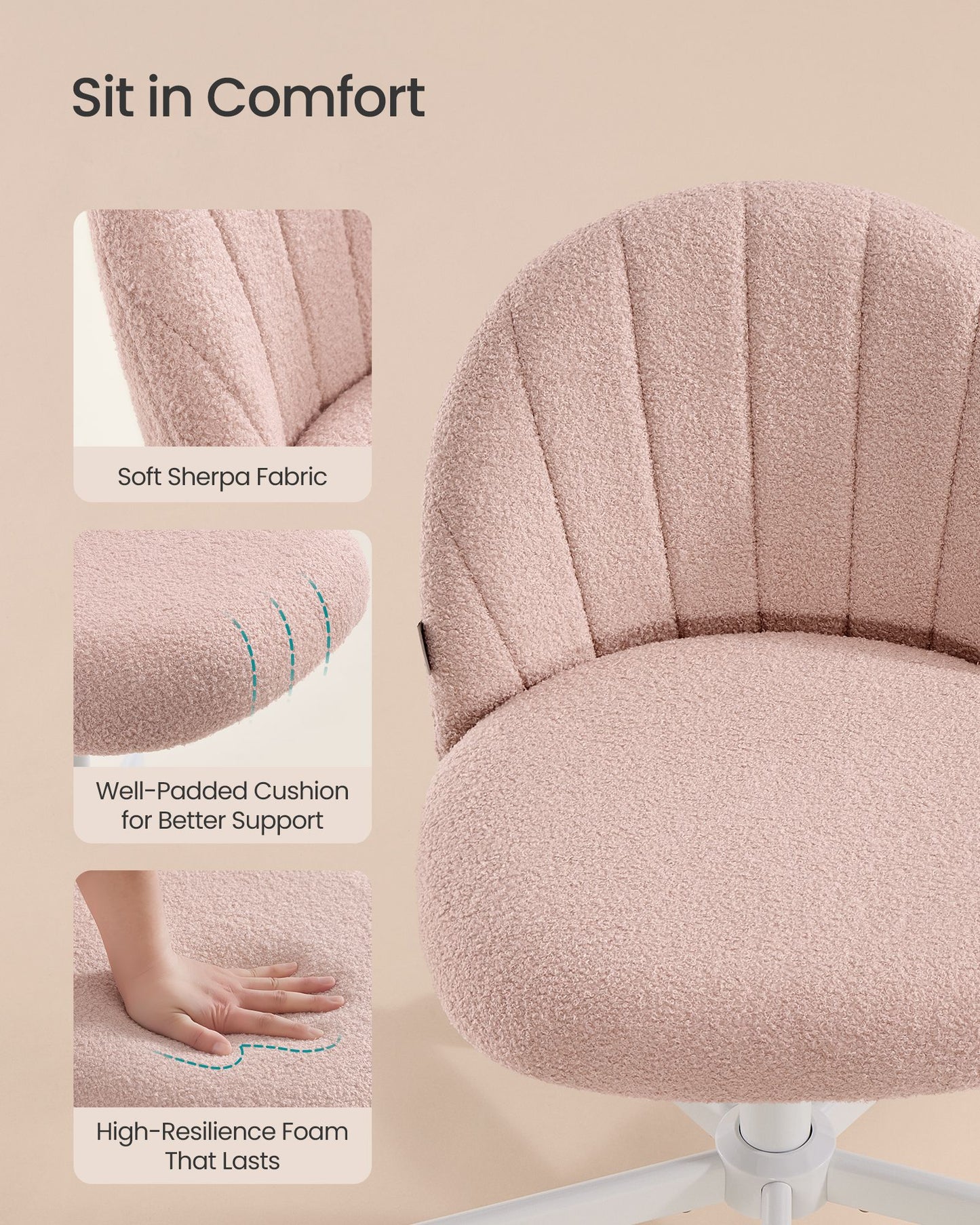 SONGMICS Fruit Pink Height Adjustable Swivel Vanity Chair with Teddy Fleece