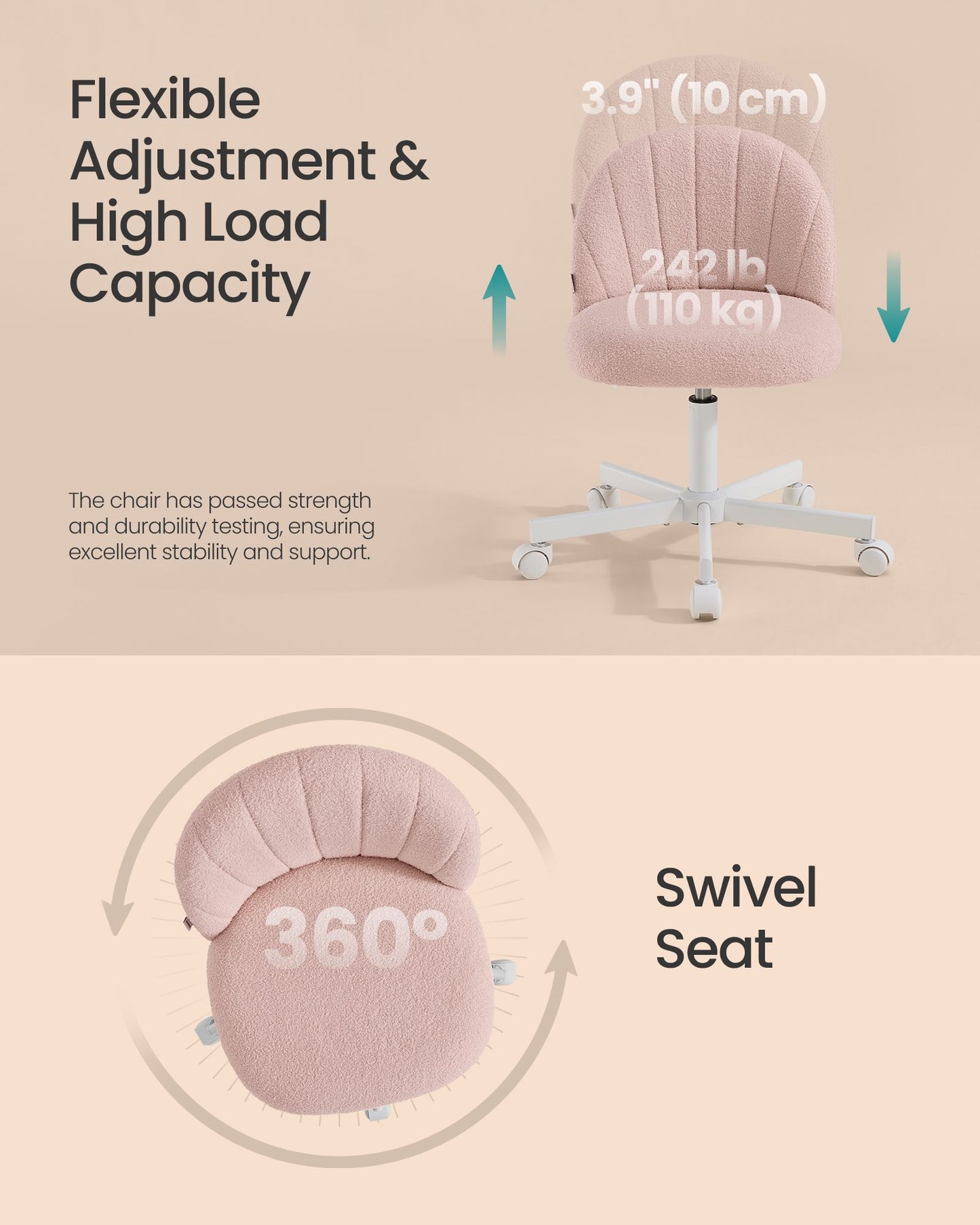 SONGMICS Fruit Pink Height Adjustable Swivel Vanity Chair with Teddy Fleece