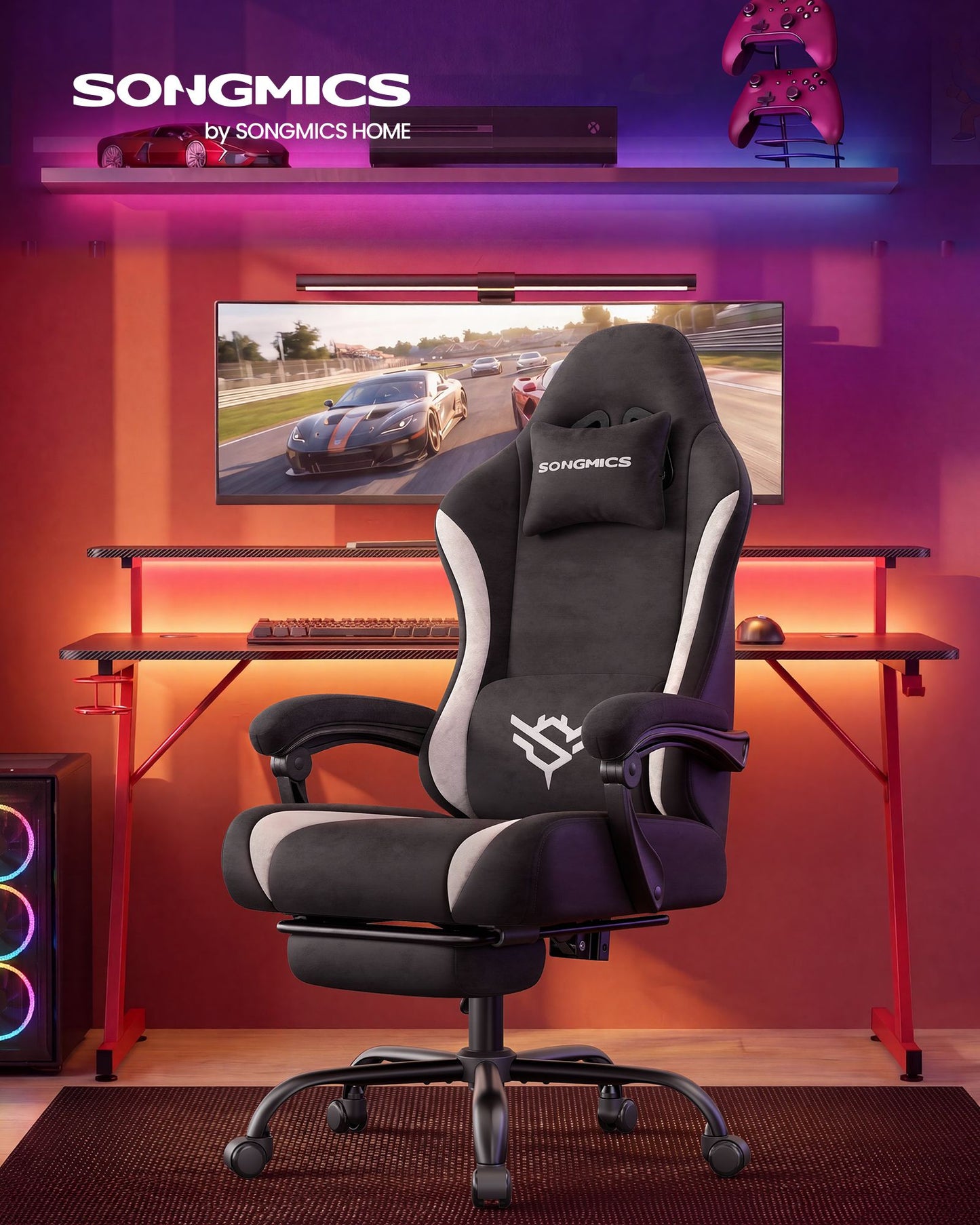 SONGMICS Ink Black and Cloud White Suede Gaming Chair with Footrest
