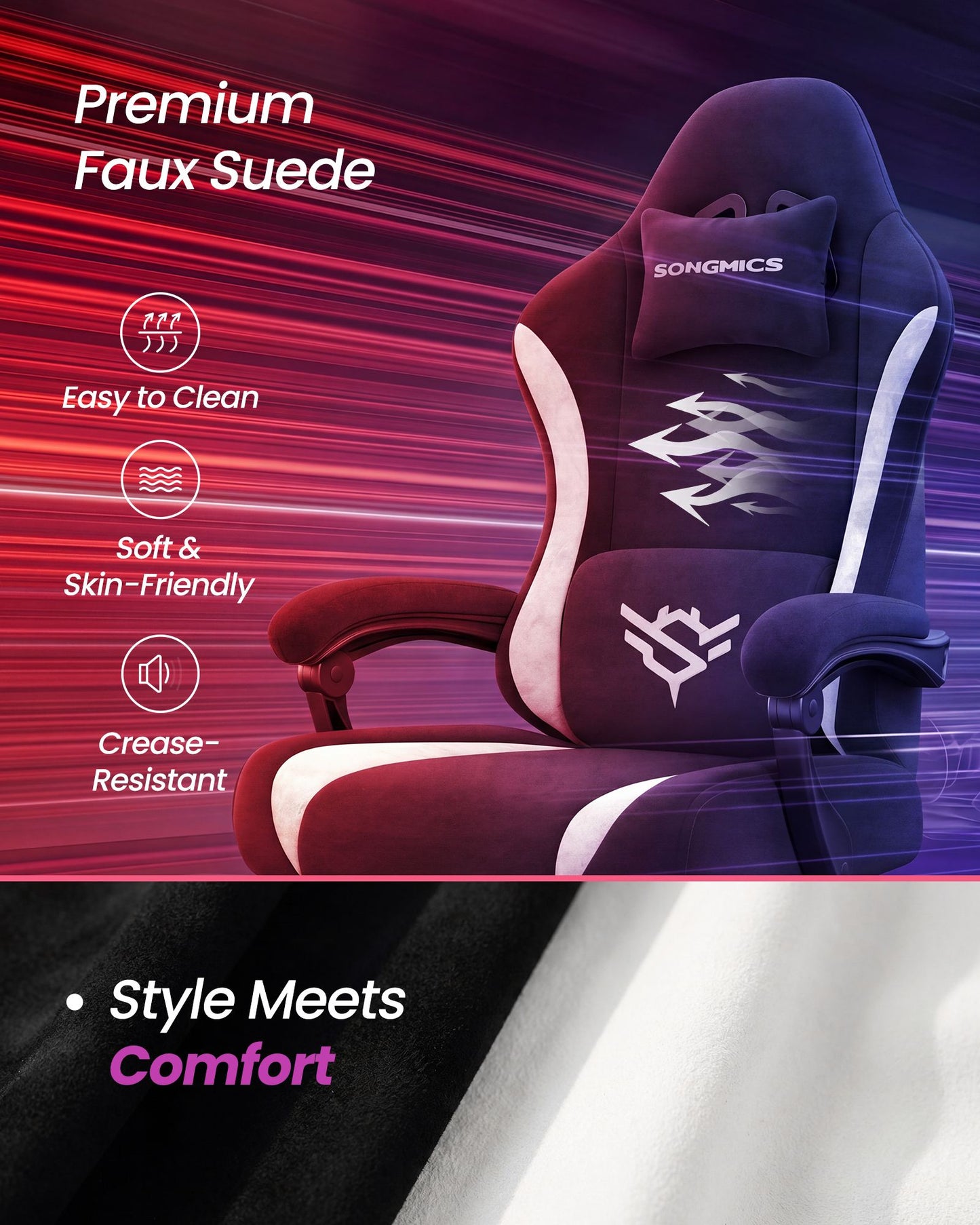SONGMICS Ink Black and Cloud White Suede Gaming Chair with Footrest