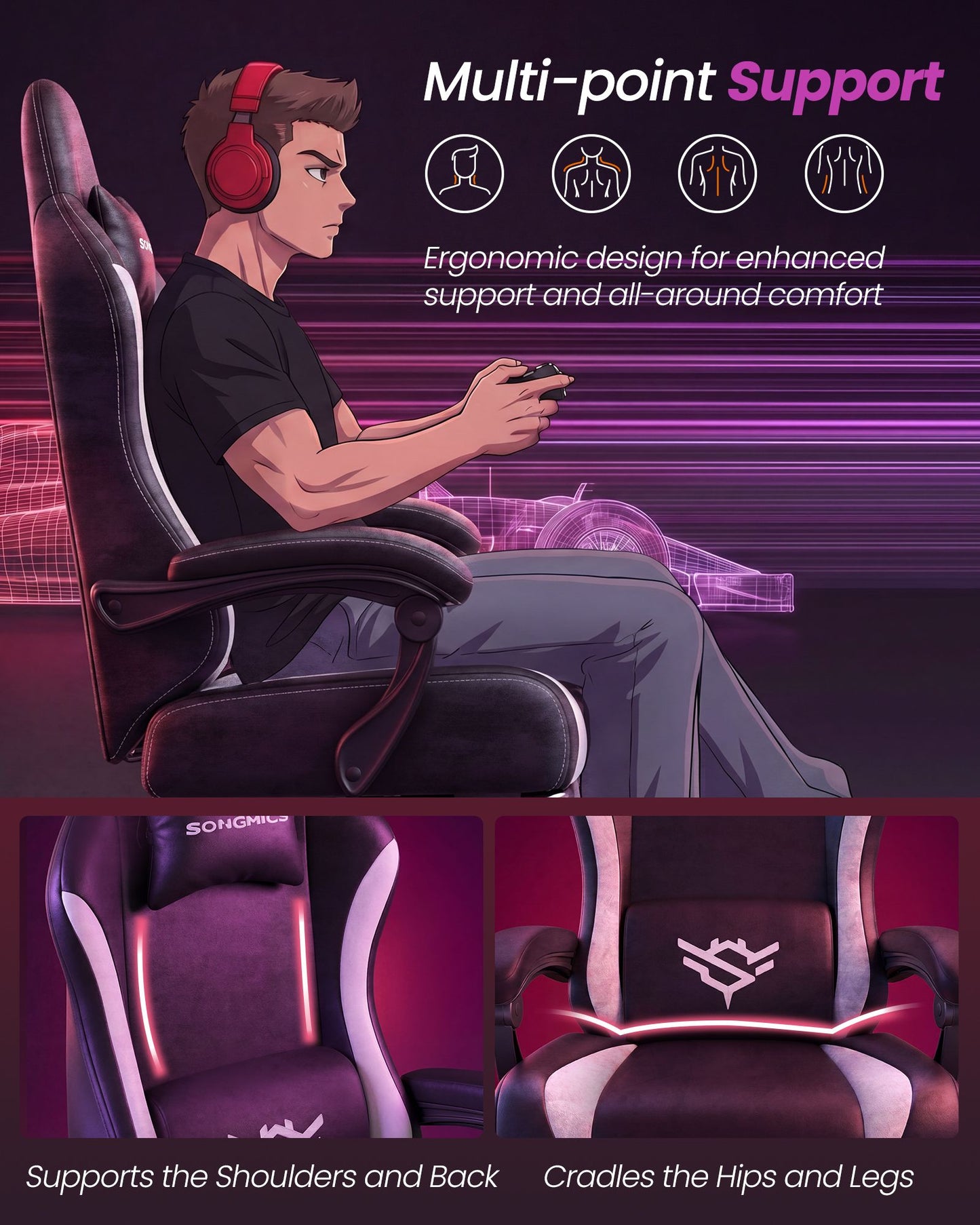 SONGMICS Ink Black and Cloud White Suede Gaming Chair with Footrest