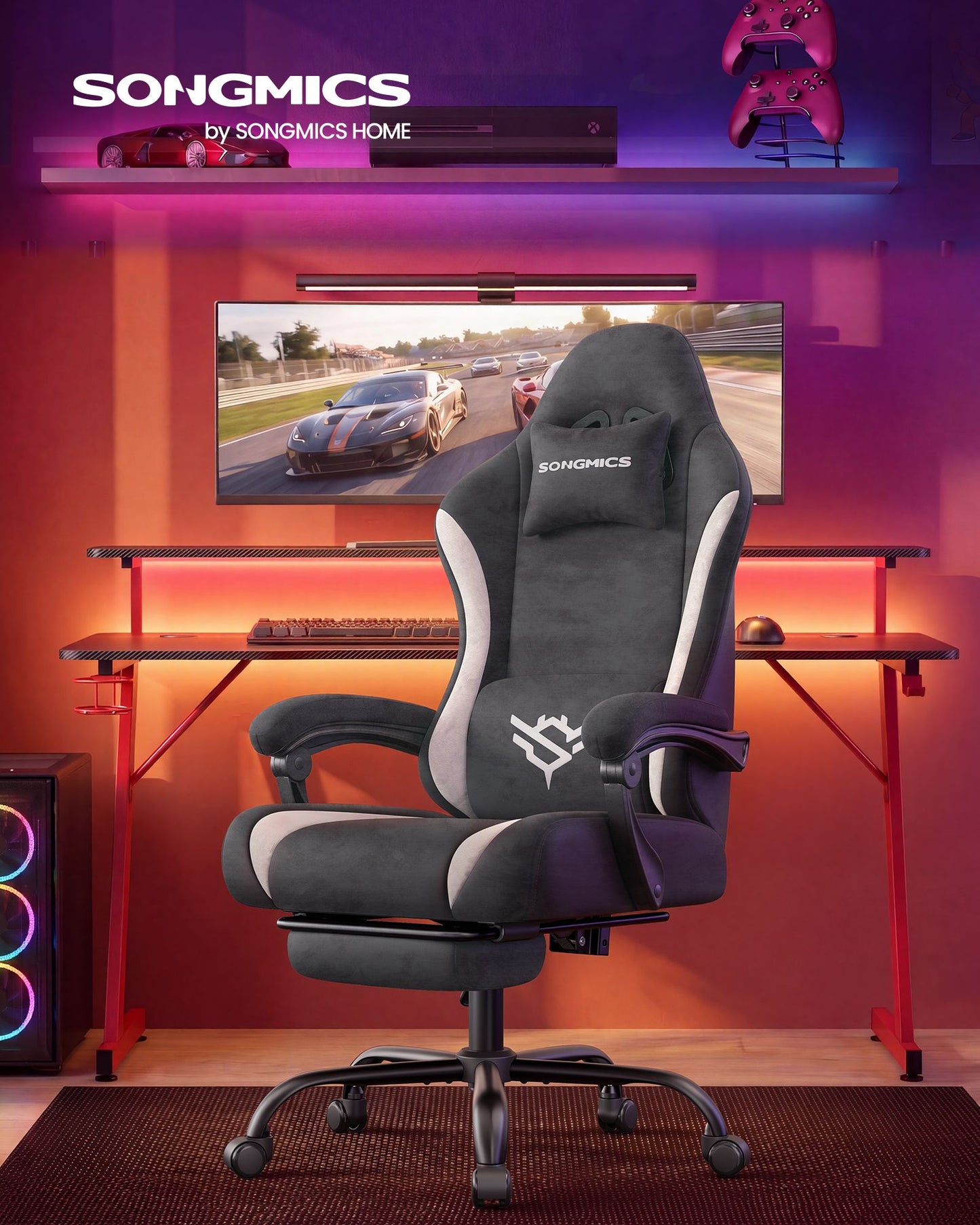 SONGMICS Gaming Chair, Ergonomic Computer Desk Chair with Footrest, Reclining Backrest – Charcoal Gray and Cloud White