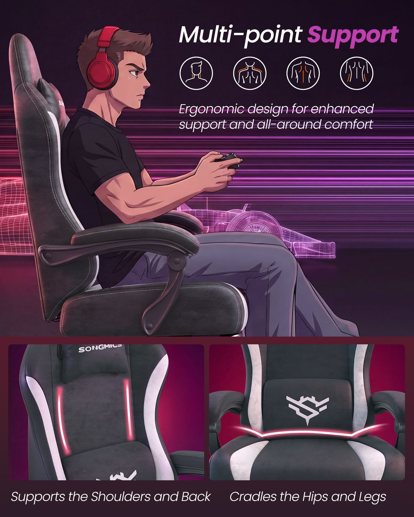 SONGMICS Set of 2 Ergonomic Gaming Chairs Bundle, with Footrest Comfy Desk Chair – Charcoal Gray, Cloud White