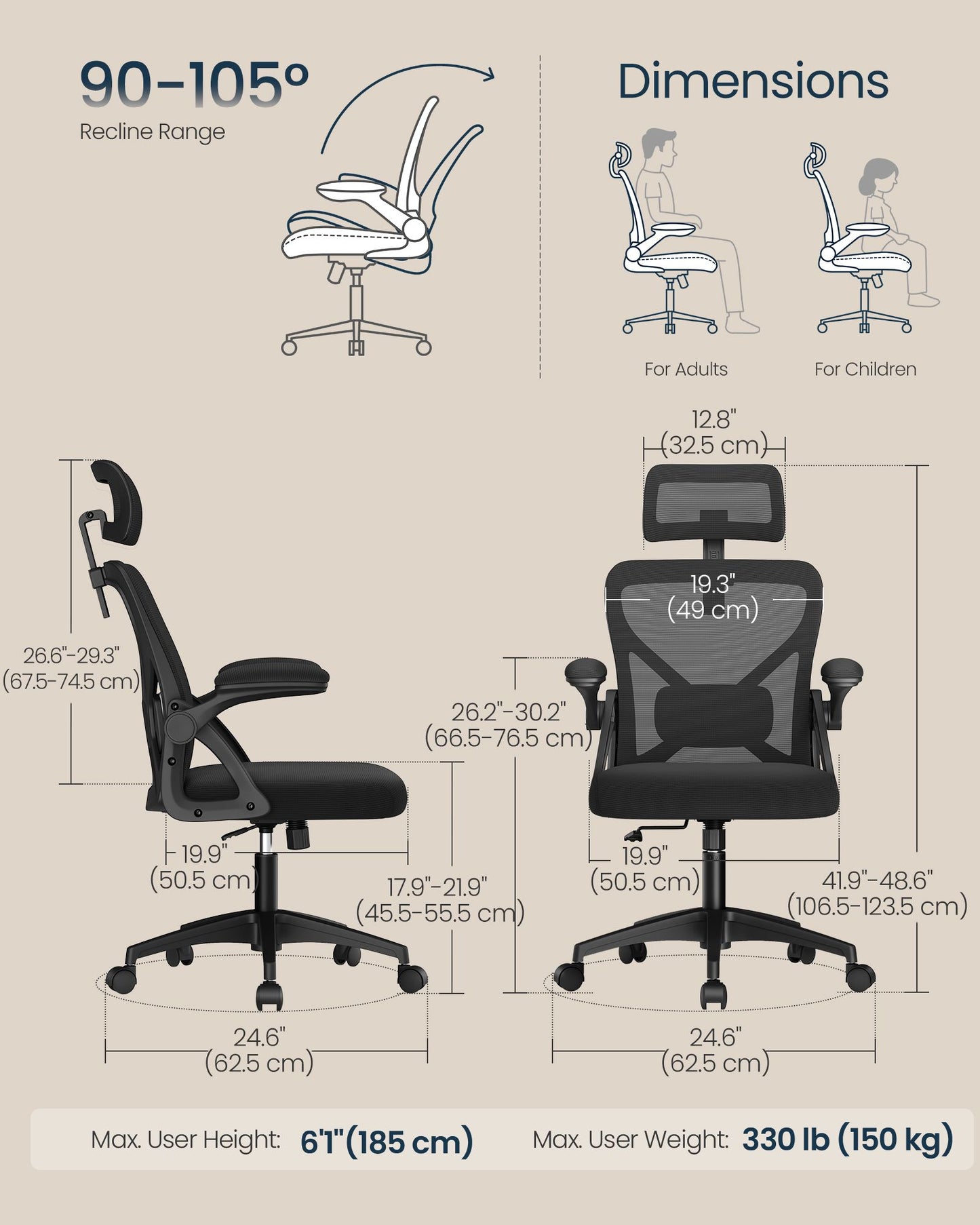 SONGMICS HOME Ergonomic Mesh Desk Chair with Flip-Up Armrests and Headrest | Computer Office Chair in Ink Black