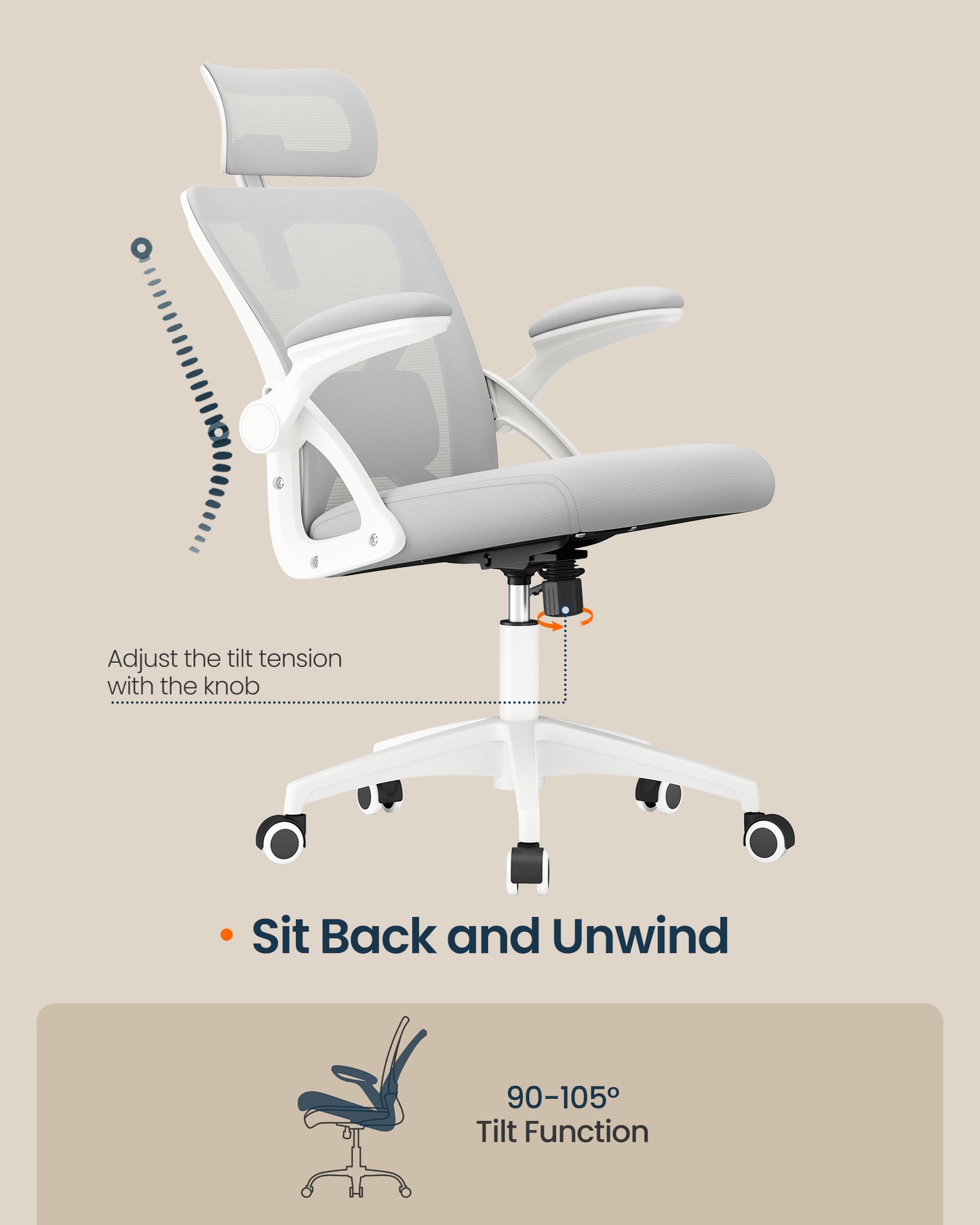 SONGMICS HOME Ergonomic Mesh Desk Chair with Flip-Up Armrests and Headrest | Computer Office Chair in Dove Gray