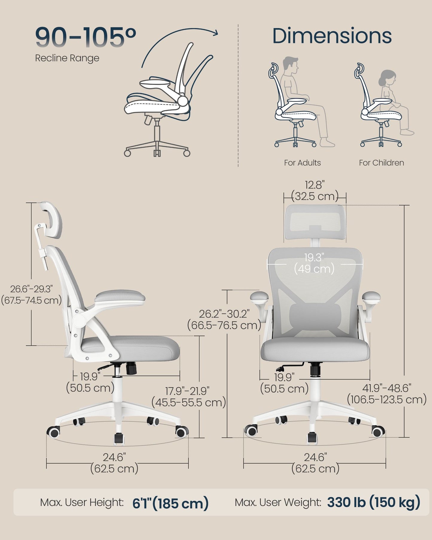 SONGMICS HOME Ergonomic Mesh Desk Chair with Flip-Up Armrests and Headrest | Computer Office Chair in Dove Gray