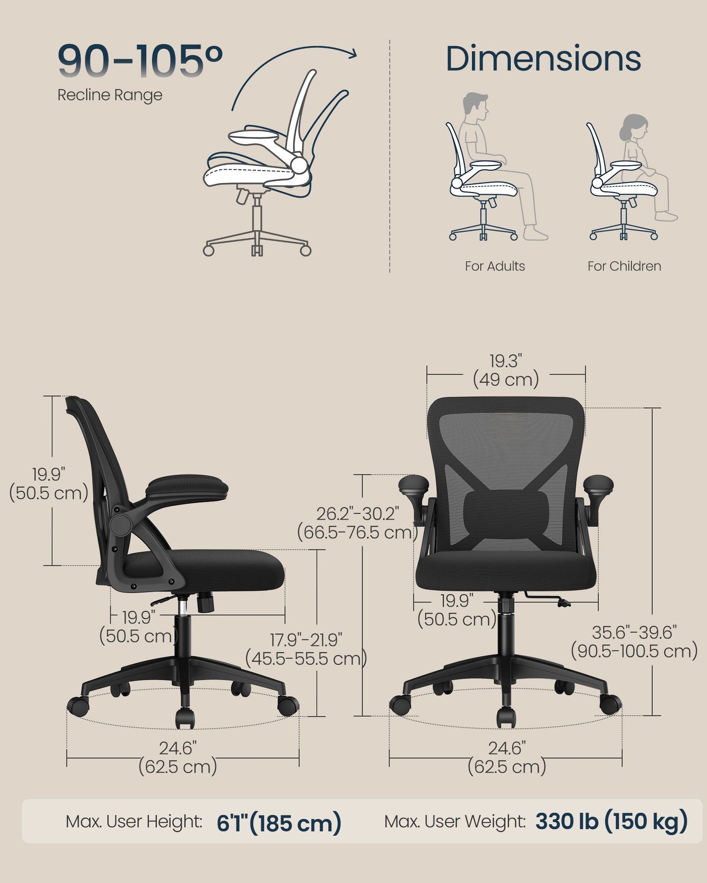 SONGMICS HOME Ergonomic Mesh Desk Chair with Flip-Up Armrests | Computer Office Chair in Ink Black