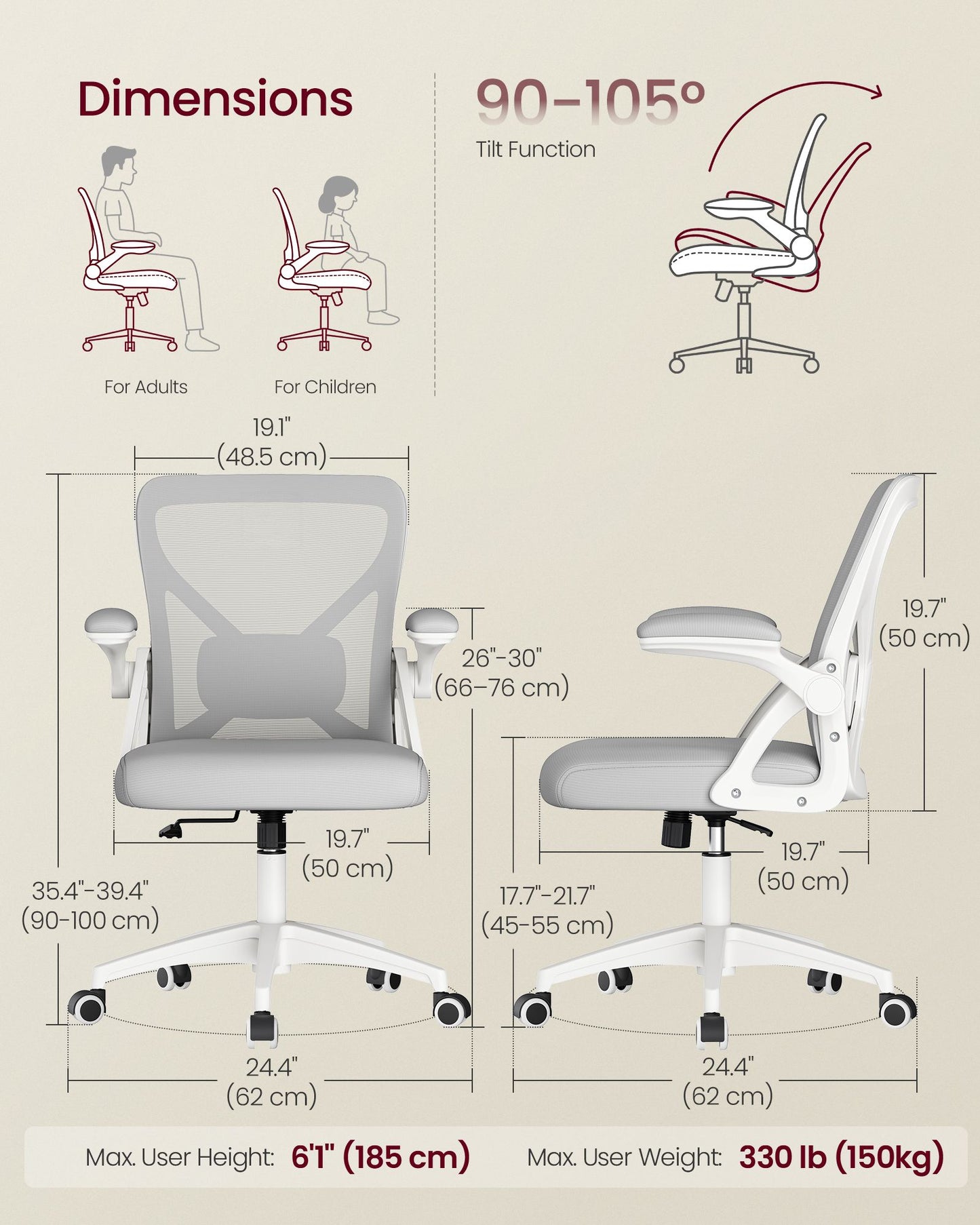 VASAGLE Ergonomic Mesh Office Chairs with Adjustable Lumbar Support – Dove Gray
