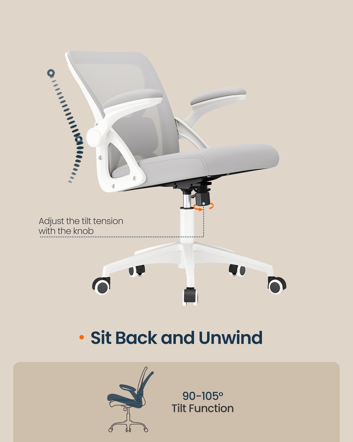 SONGMICS HOME Ergonomic Mesh Desk Chair with Flip-Up Armrests | Computer Office Chair in Dove Gray