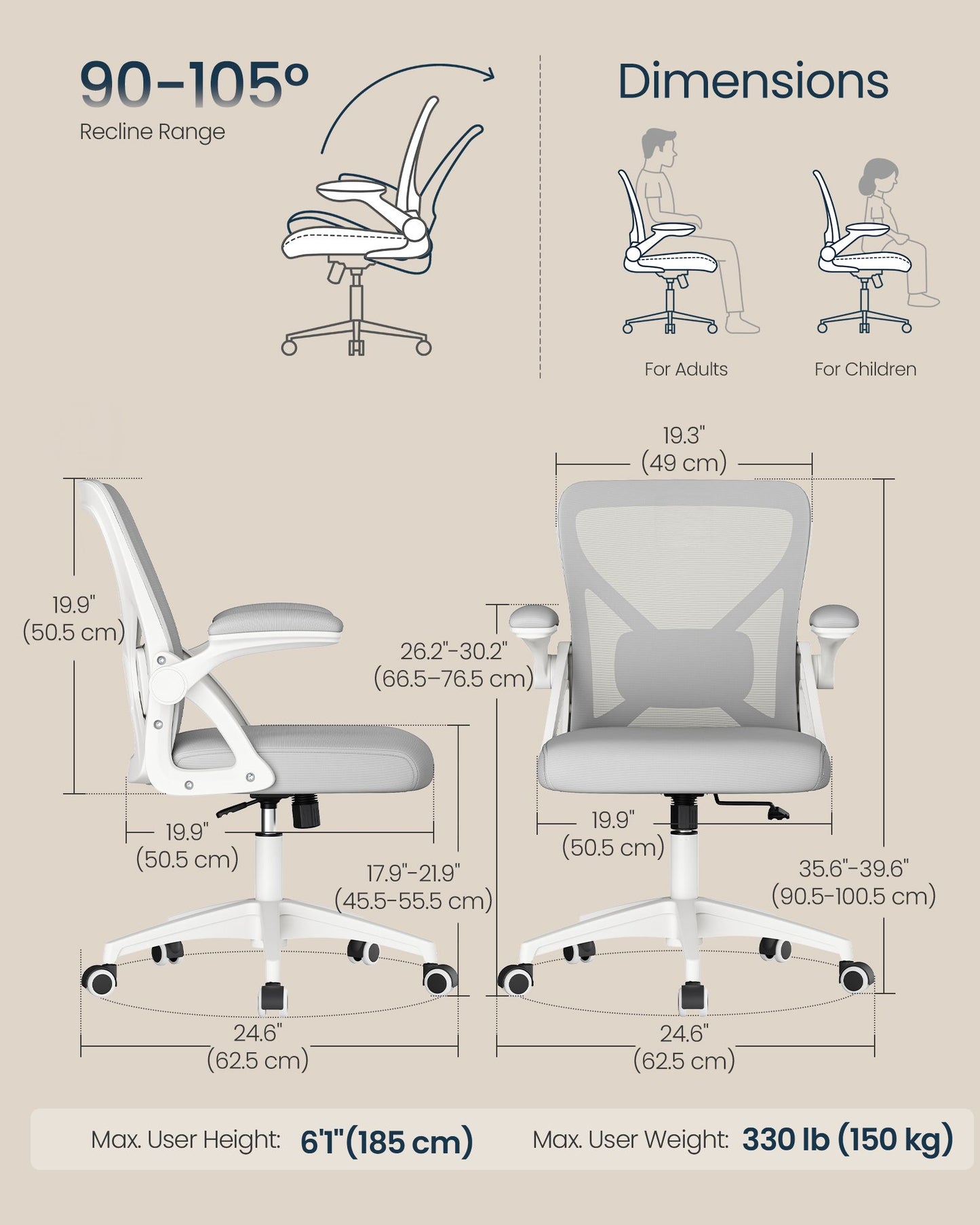 SONGMICS HOME Ergonomic Mesh Desk Chair with Flip-Up Armrests | Computer Office Chair in Dove Gray