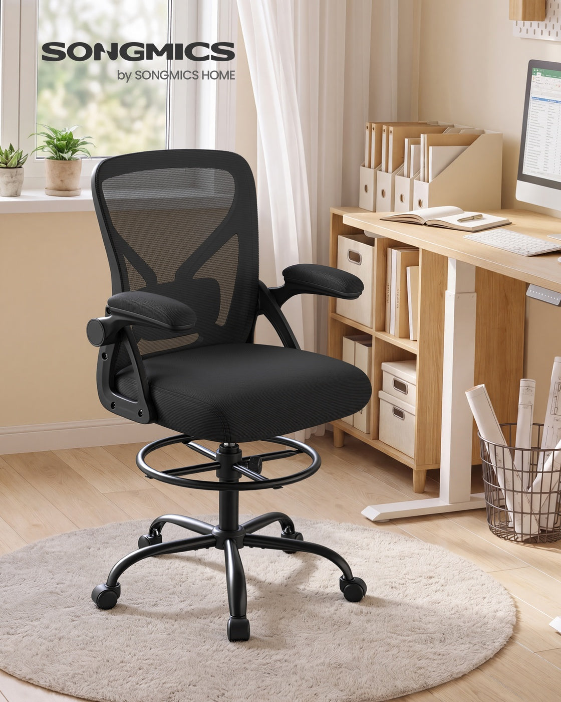 SONGMICS Drafting Chair Ergonomic Tall Office Chair for Standing Desk Mesh Back – Ink Black